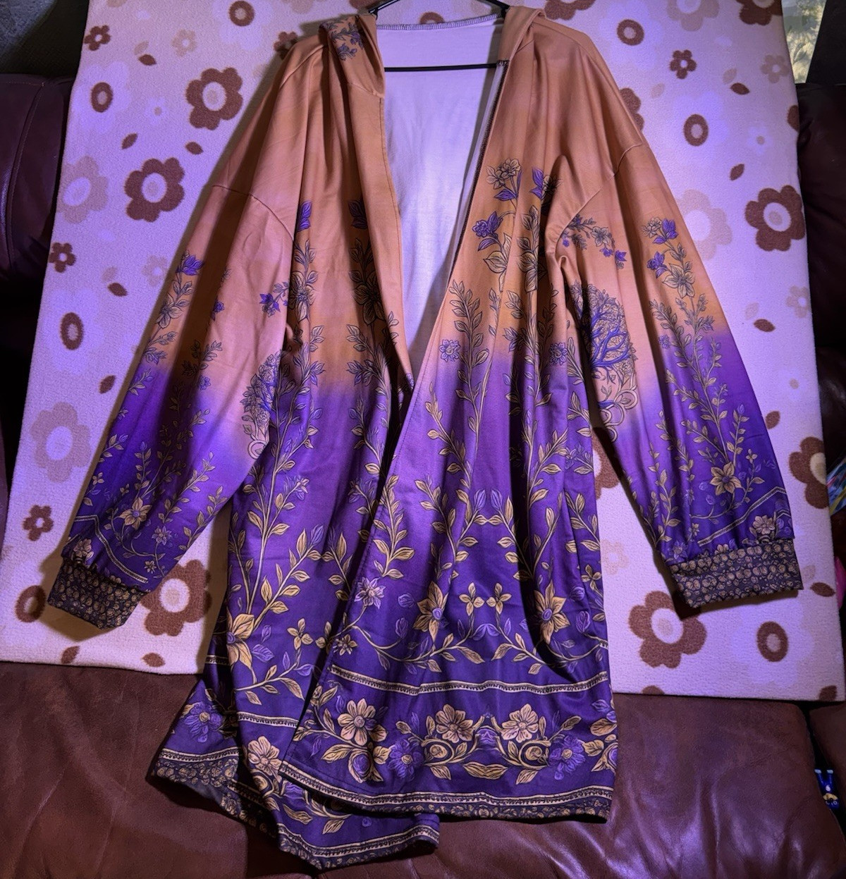 Women’s L Satin Polyester Hooded Floral Kimono Robe Purple/Beige Long Sleeve