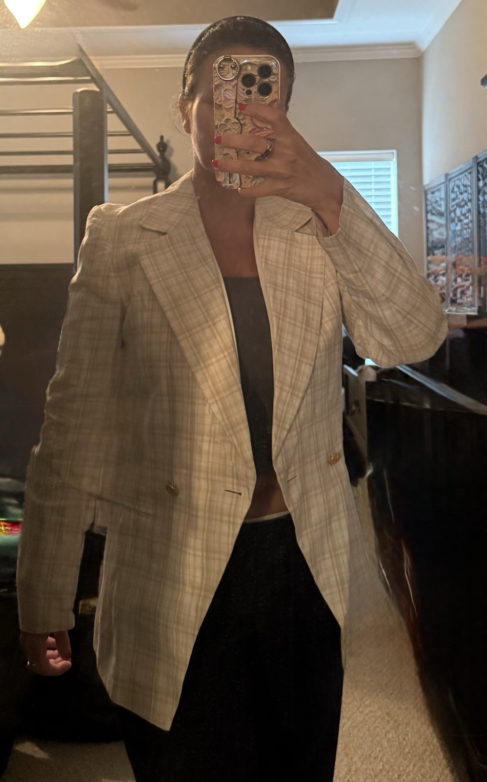 Escada Margaretha Ley 100% Linen Plaid Blazer Beige White Gray Size 34