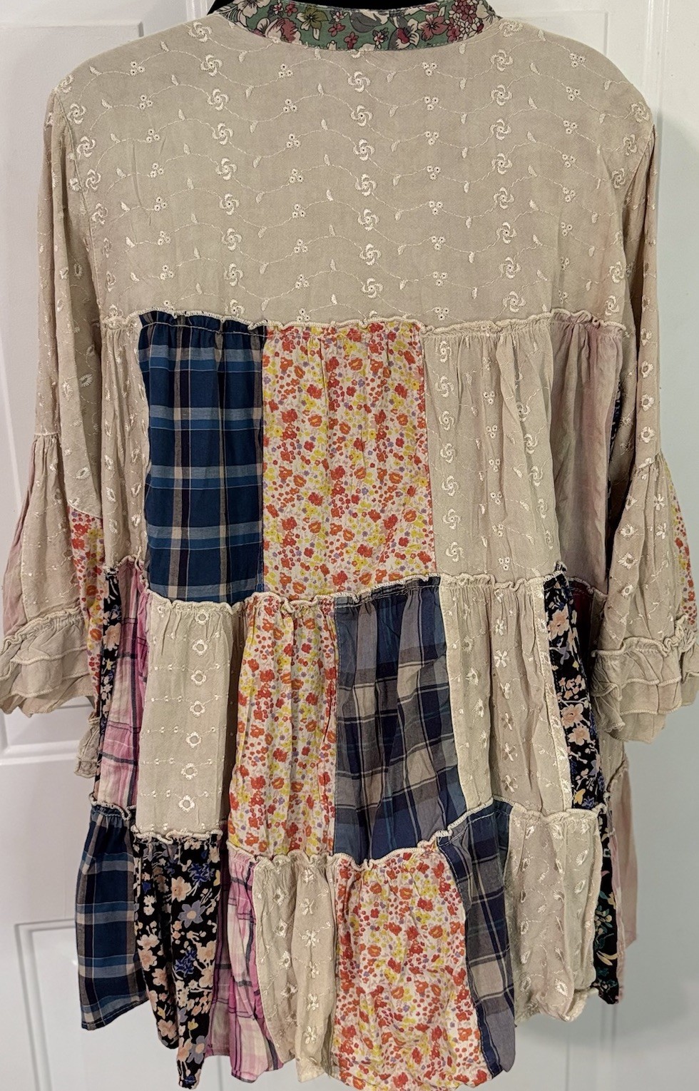 Young Threads Patchwork Boho Tunic Top M Cotton Floral Plaid Embroidered NWT