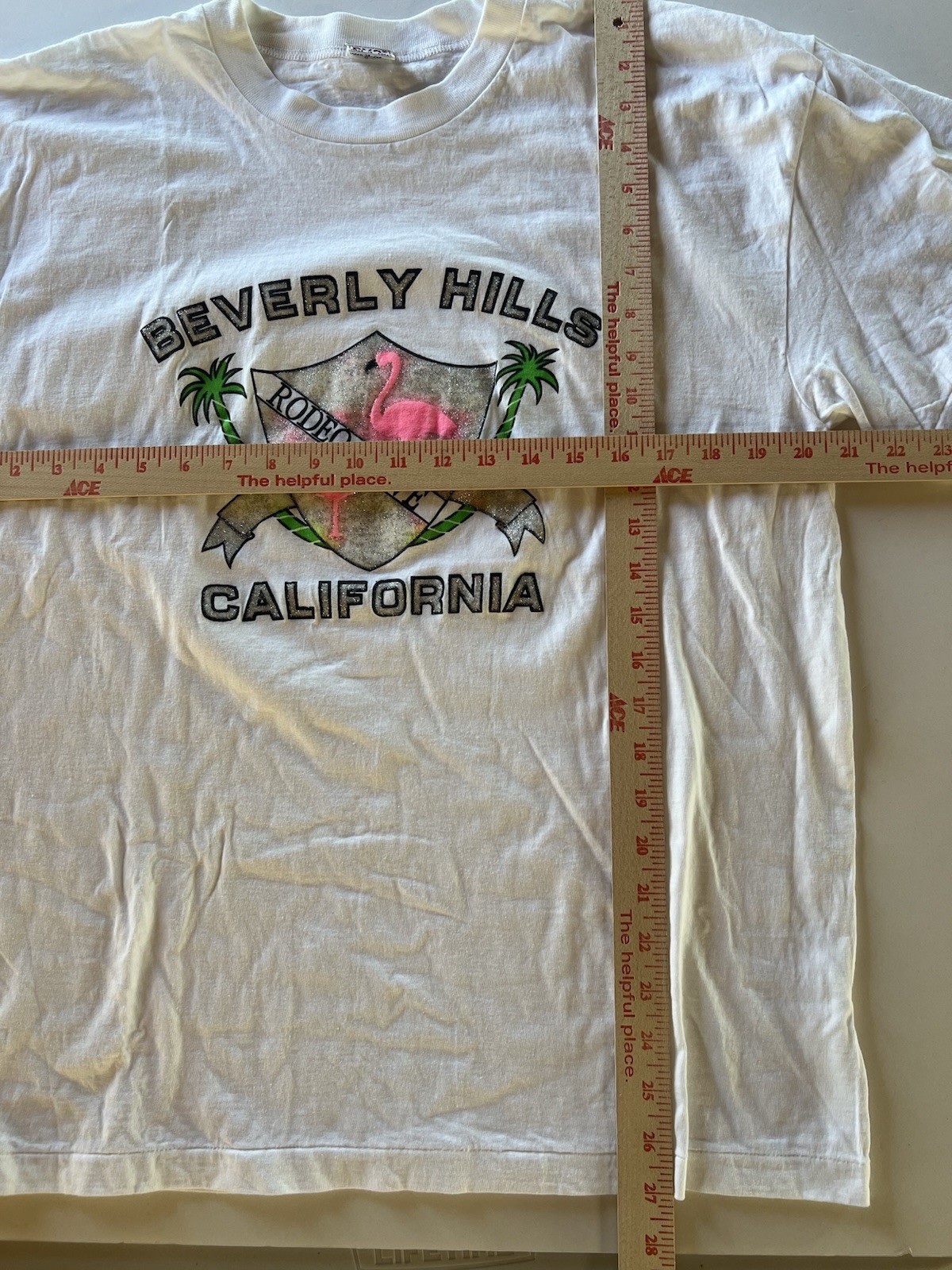 Vintage 80s BYC Beverly Hills Rodeo California white flamingo glitter tshirt L