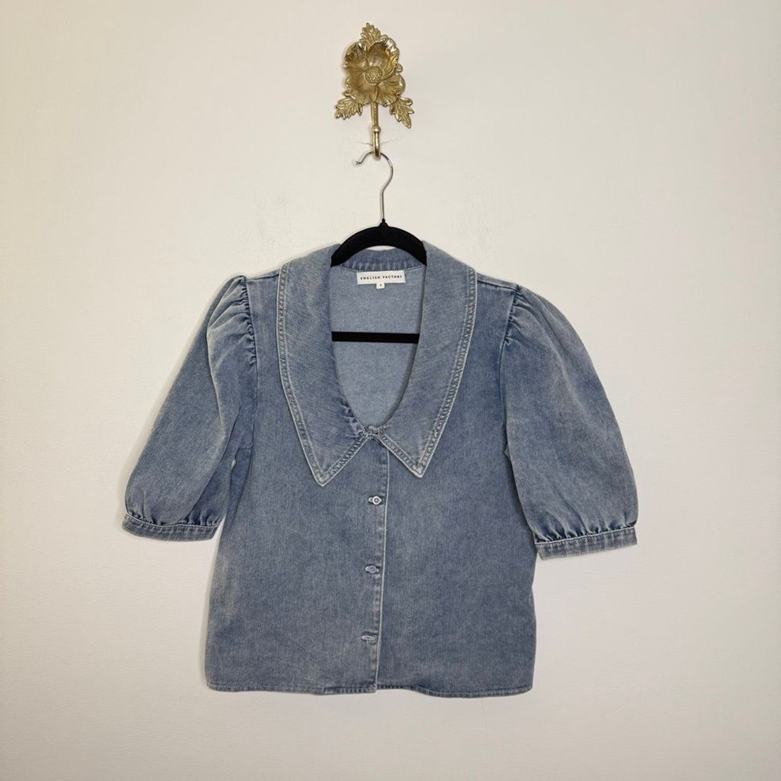 English Factory Peter Pan Collar Balloon Sleeve Denim Top S