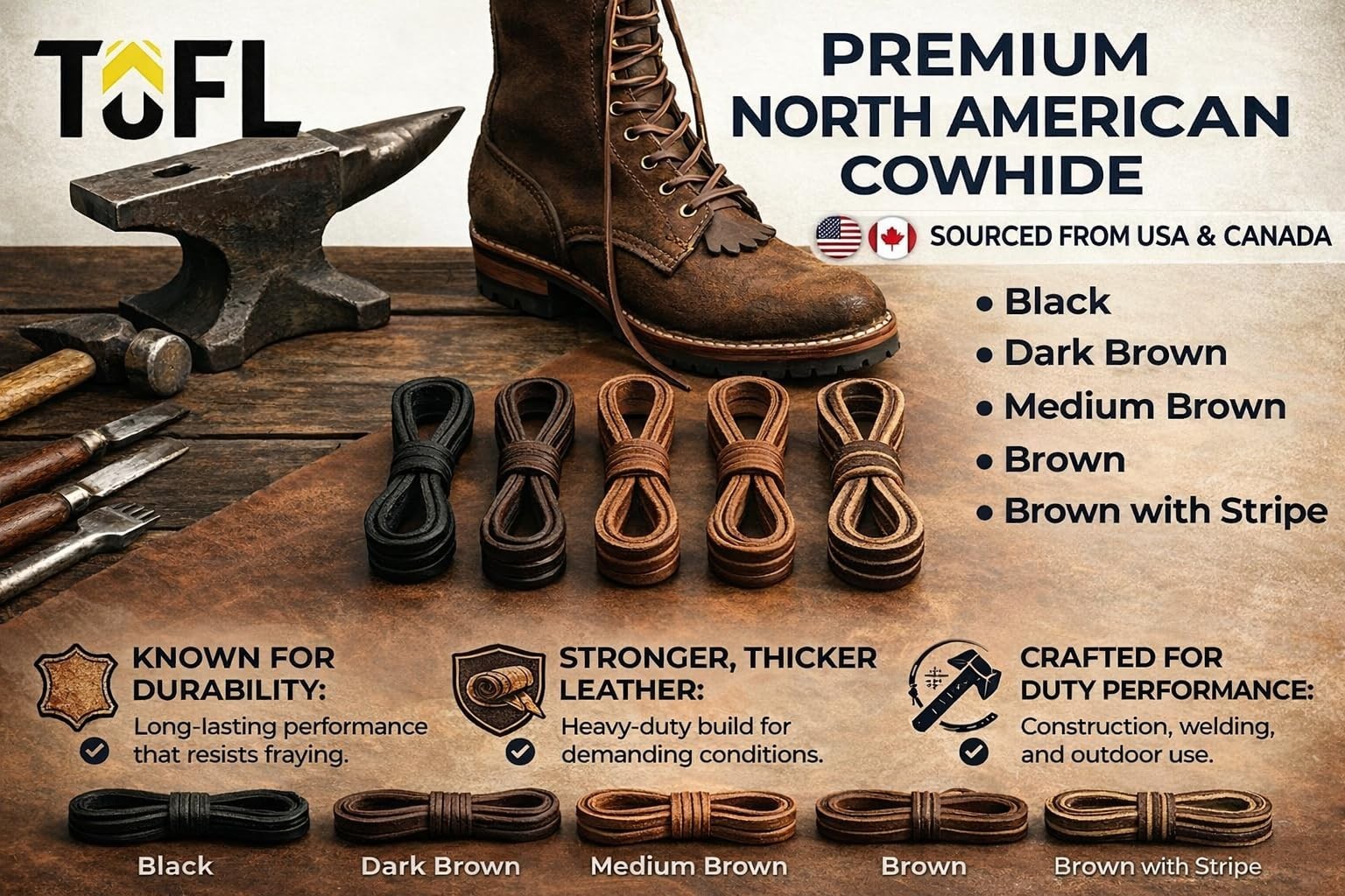 Durable 108” Leather Boot Laces | Genuine Cowhide | Flat 9/64″ Thick for Work &