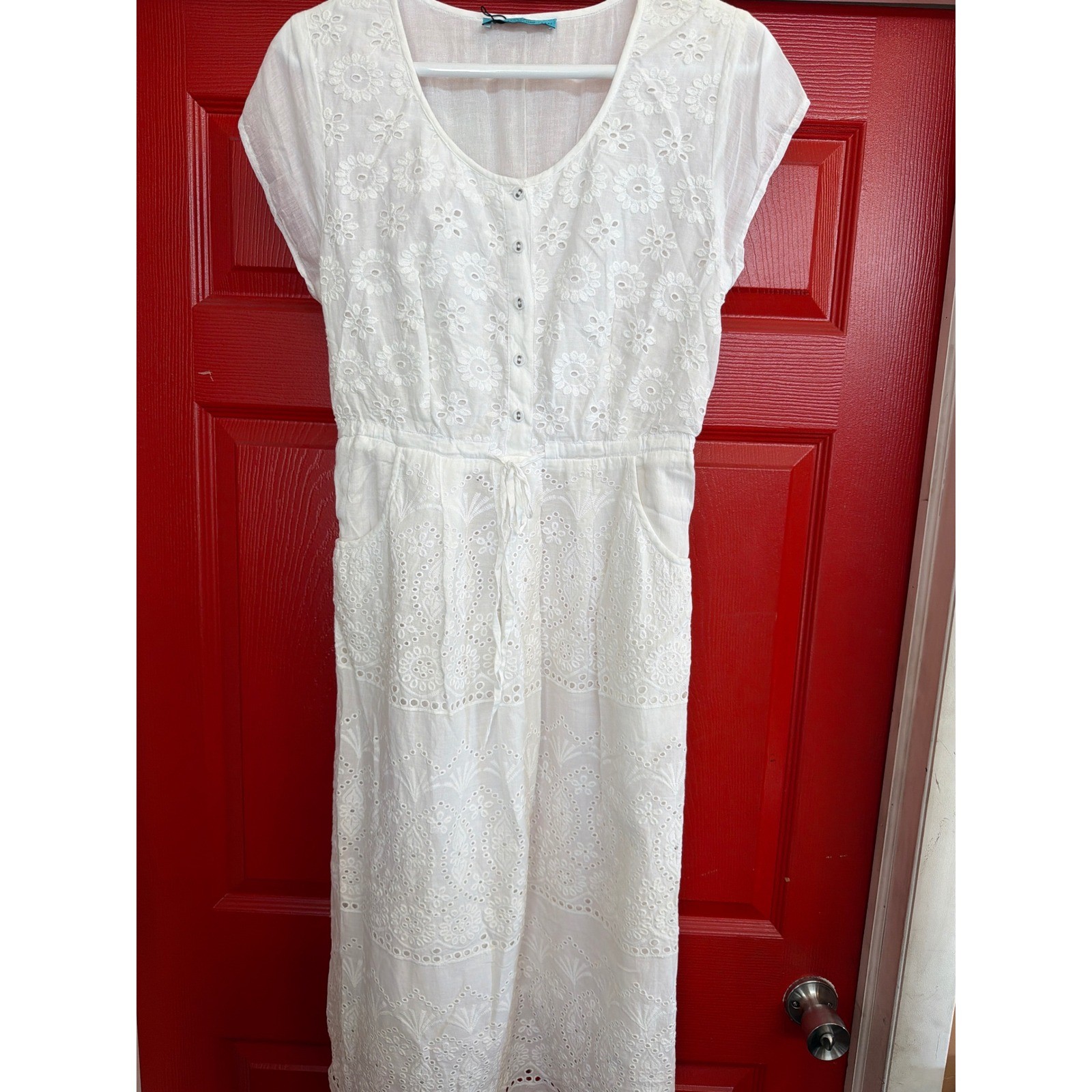 Vada Goldman White Eyelet Midi Dress Made in Italy Summer Boho Embroidered L