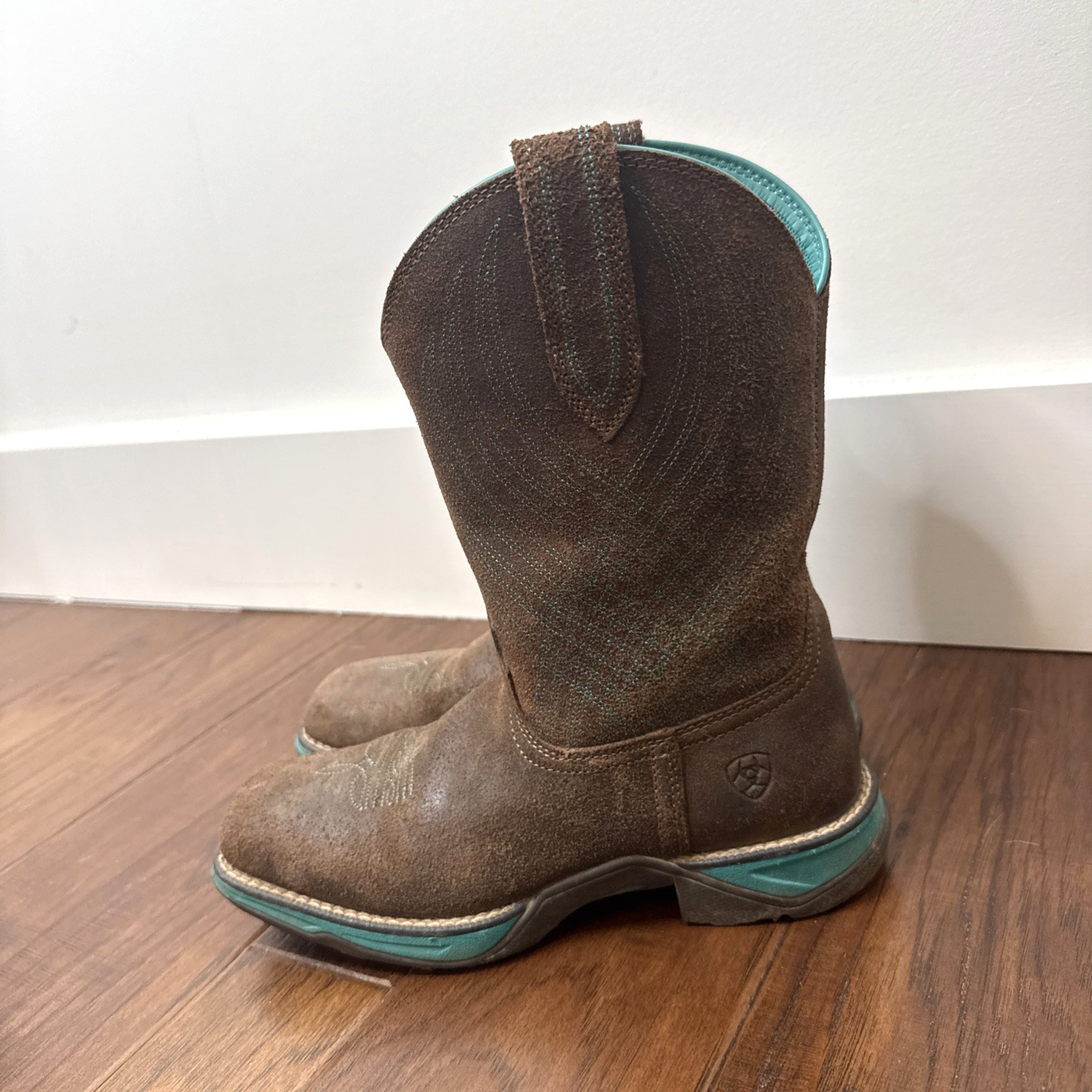 Ariat Suede Leather Square Toe Cowboy Boots Anthem Turquoise Mid Calf Womens 6.5
