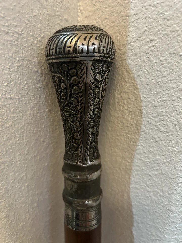 Edwardian Stick Antique Walking Gadget Presentation Cane Victorian Silver Pewter