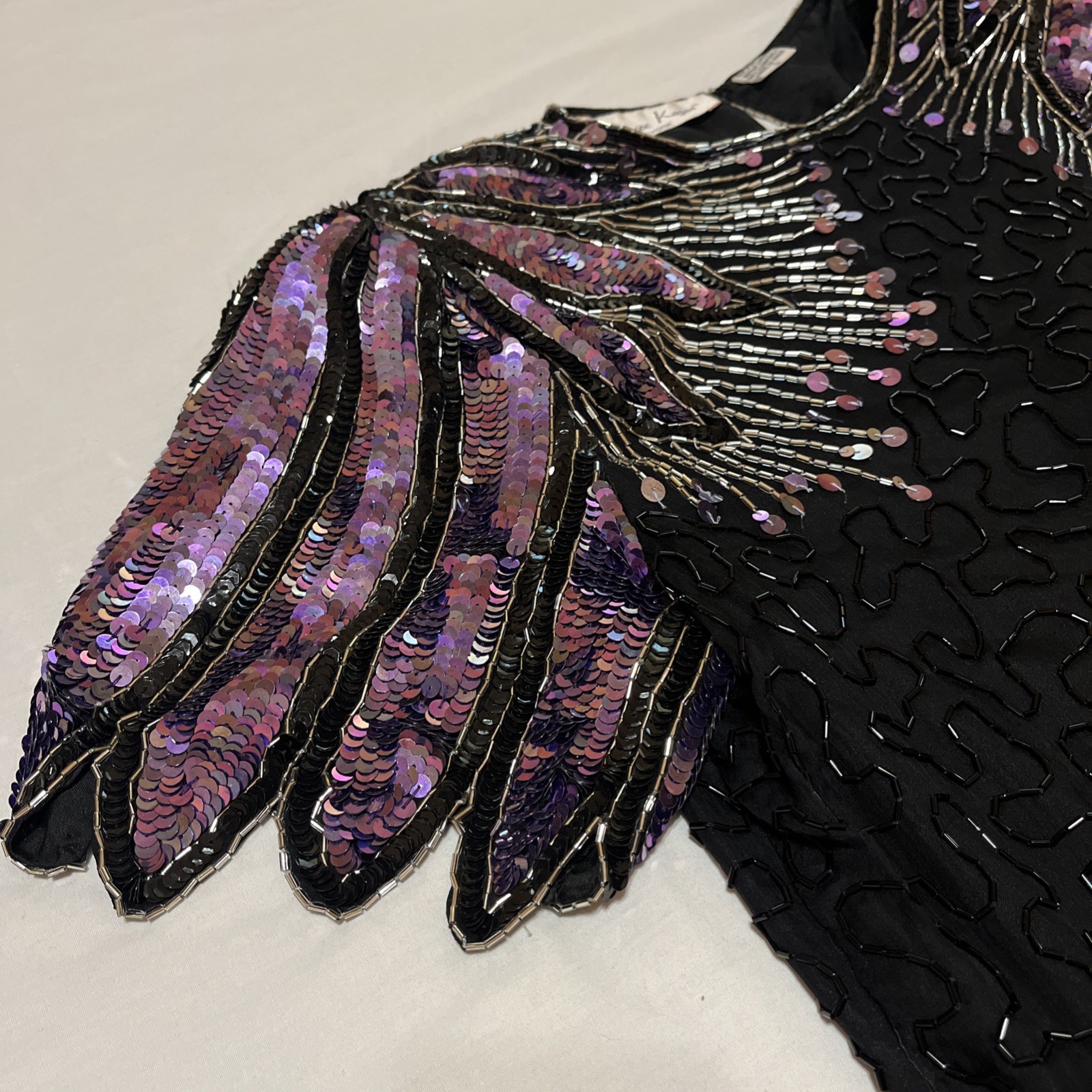 VINTAGE Laurence Kazar Women Blouse L Black Silk Beaded Sequin Wings 90s