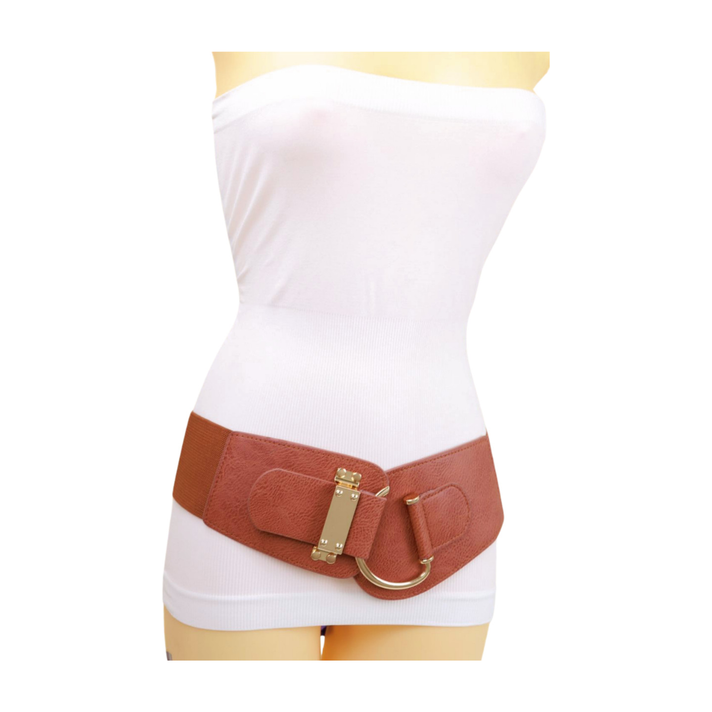 Women Hip High Waist Hook Buckle Chocolate Brown Color Elastic Band Belt M L