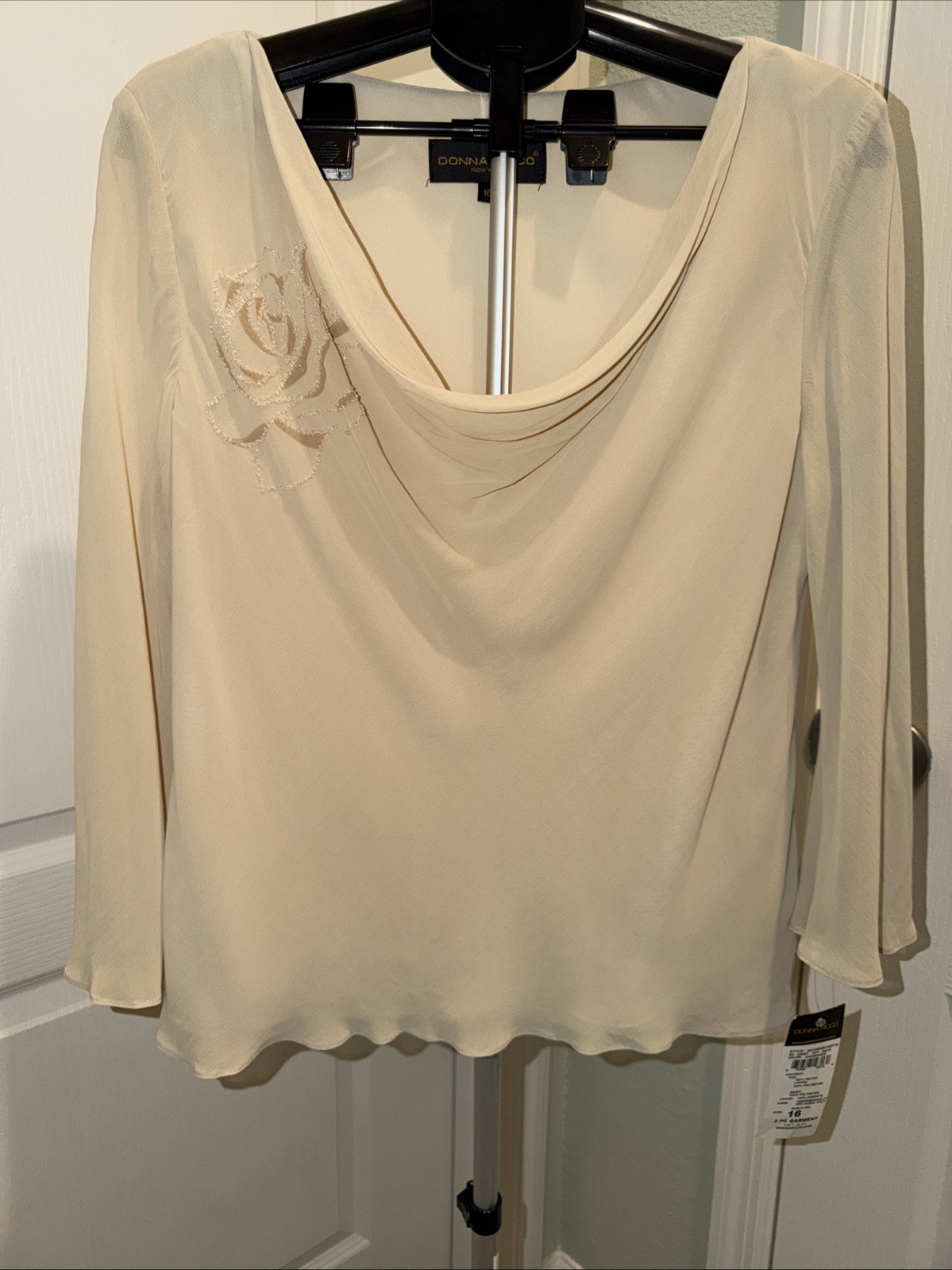 NWT Donna Ricco Shirt Womens 16 Beige Blouse Top Cowl Neck Long Sleeve Chiffone