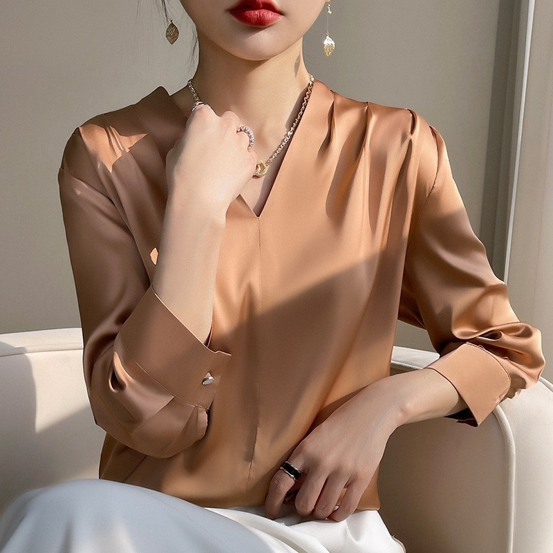 HOT Mulberry Silk Long-sleeved Shirt Women’s Morning Satin Chiffon V-neck Top