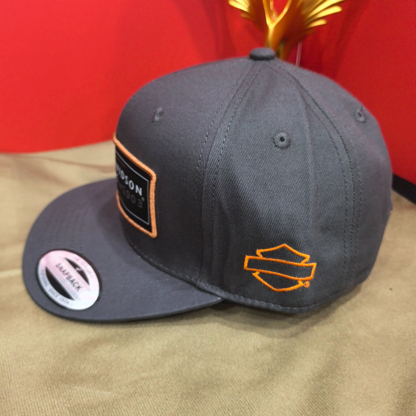 Harley-Davidson Orange-Bordered Patch Logo Flat-Brim Cap Gray Adjustable