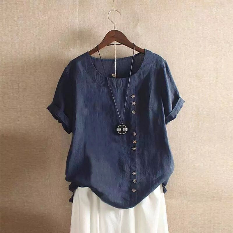 Summer Womens Cotton Linen Tunic Blouse Tops Short Sleeve Shirt Casual