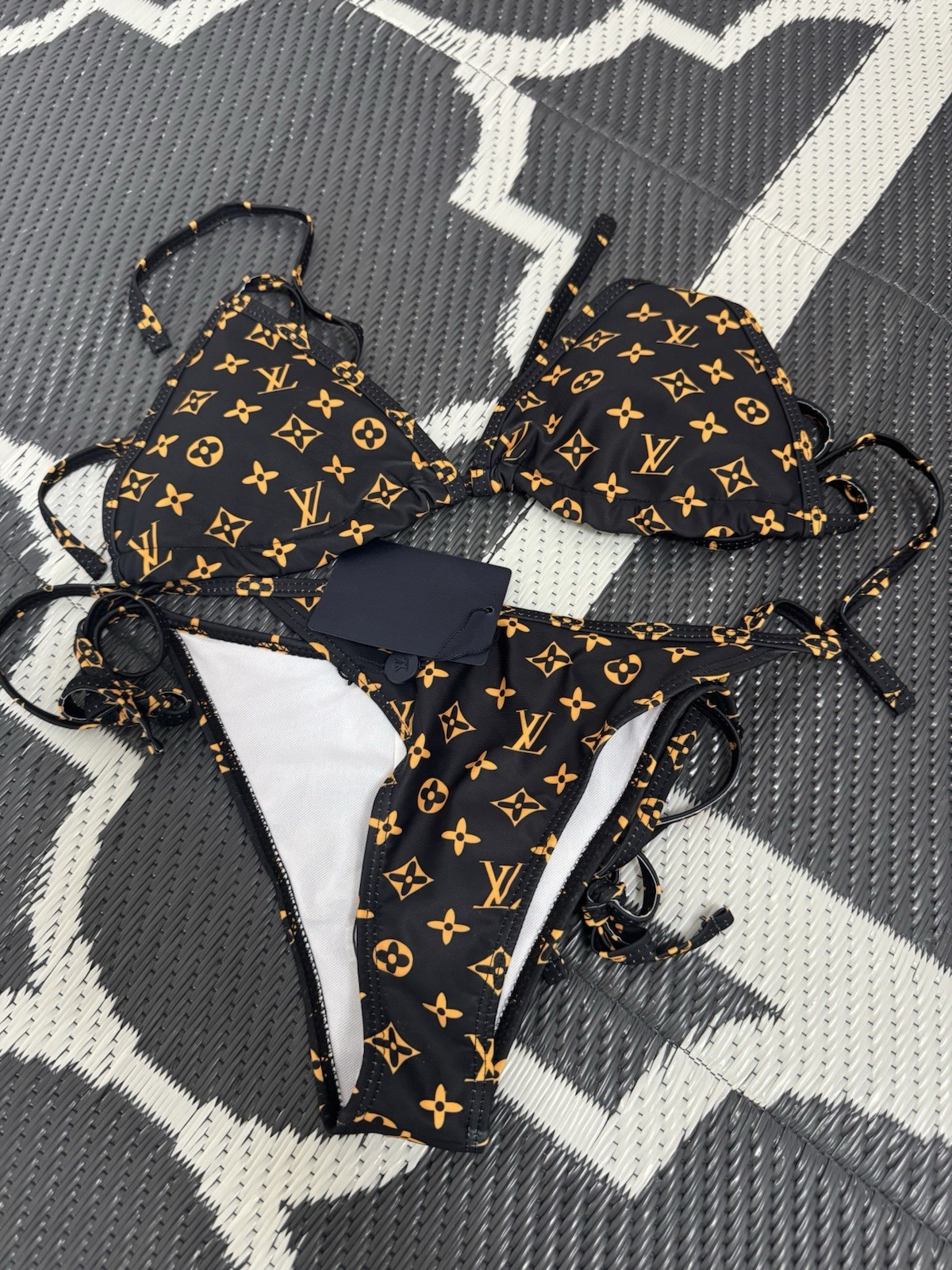Womens 2 Piece Bikini Set Black/Gold Logo Print Triangle Top Tie Side M