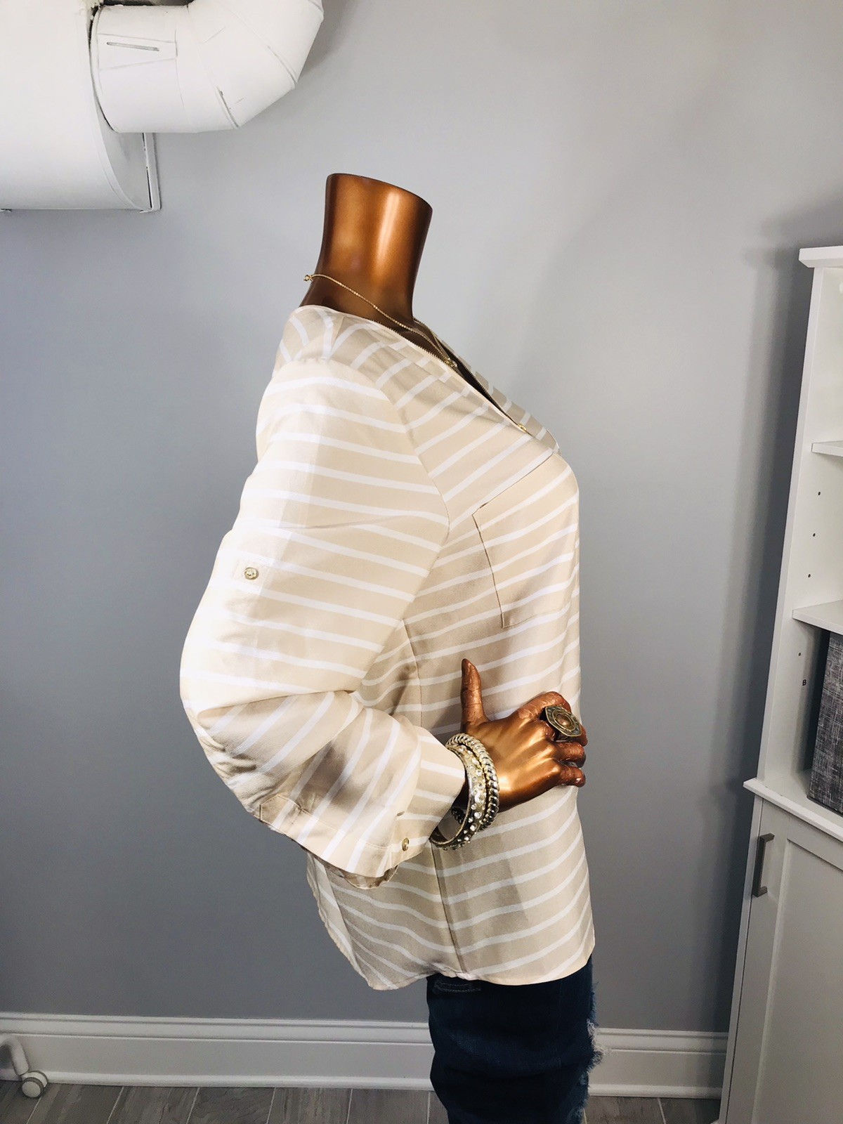 Calvin Klein XL Top Striped CK Logo 1/2 Zip Up Shirt Blouse Low Cut Silky Sheer