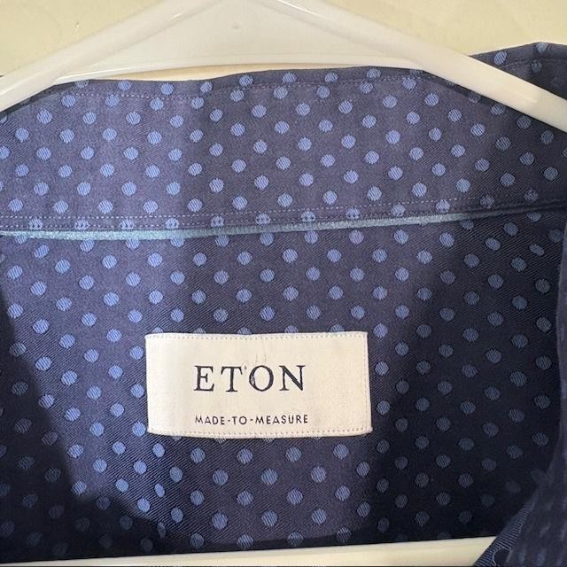 Eton Shirt Mens 2XL Blue Polka Dot Made To Measure 100% Cotton Long Sleeve Dress
