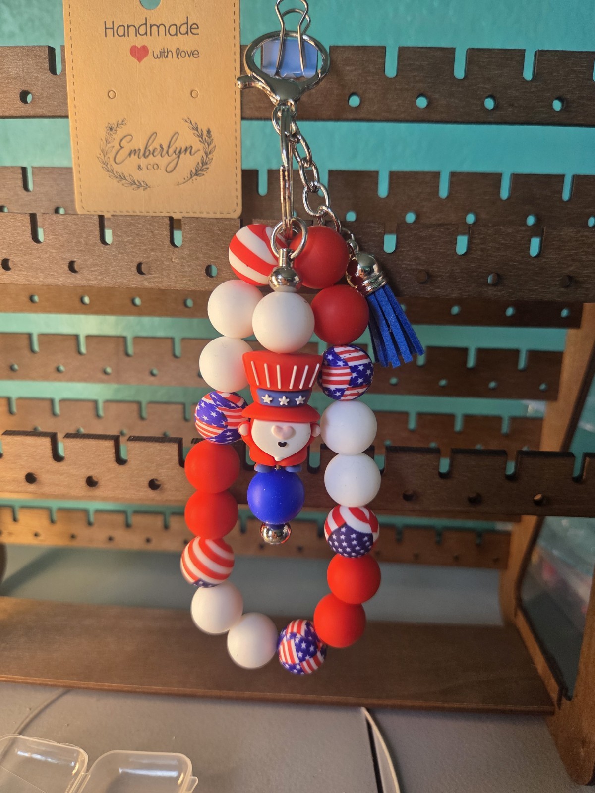 Patriotic Silicone Bead Keychain Wristlet, 4th of July Uncle Sam Gnome Key Ring,