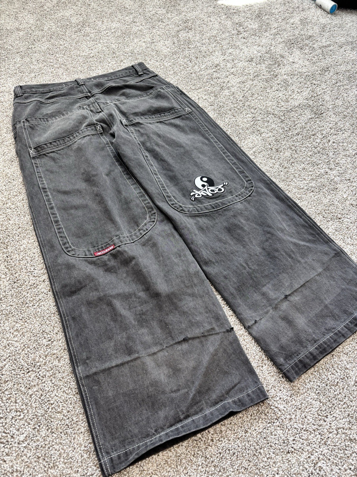 JNCO Men’s Gray Wide-Leg Denim Jeans Relaxed Fit Mid Rise Logo 5-Pocket