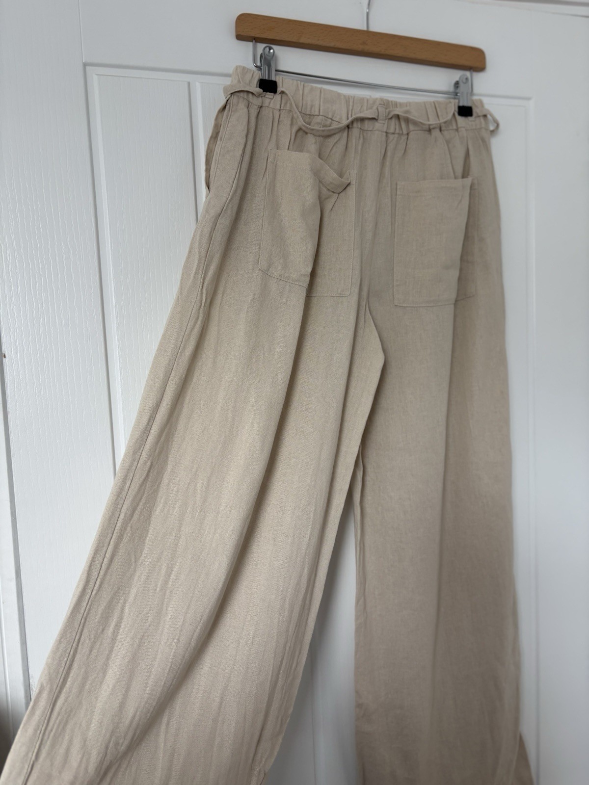 Zara Beige Natural Ecru Linen Blend Wide Leg Trousers Pants Tie Xs Pockets High