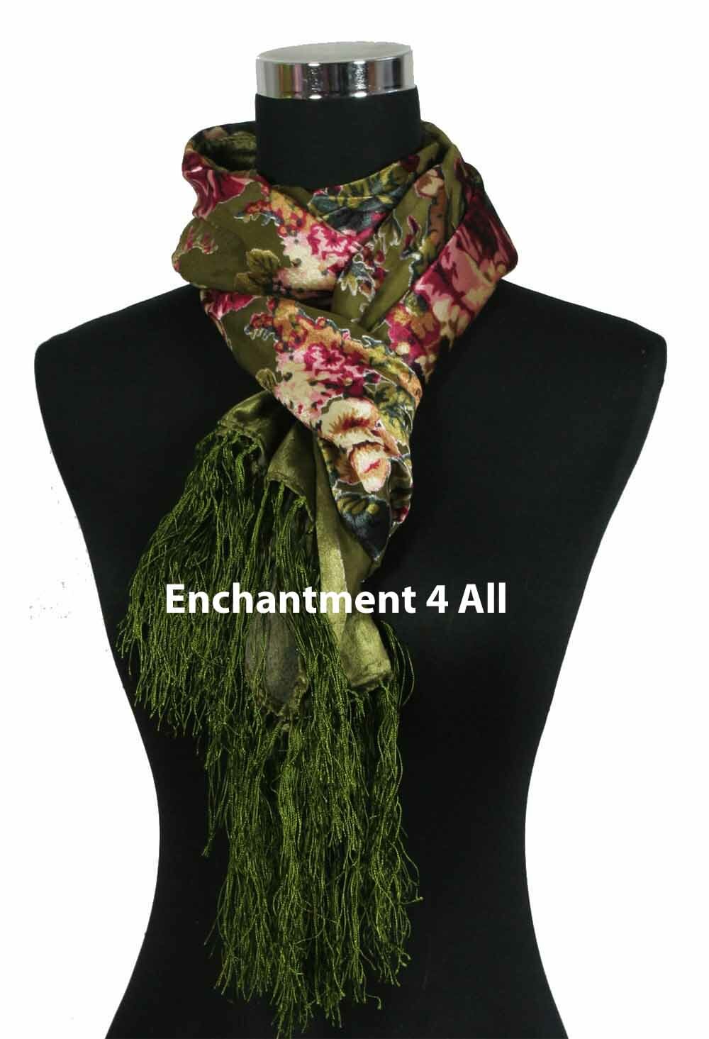 Elegant 100% Silk Burnout Velvet Vintage Floral Oblong Scarf Shawl Wrap, Green