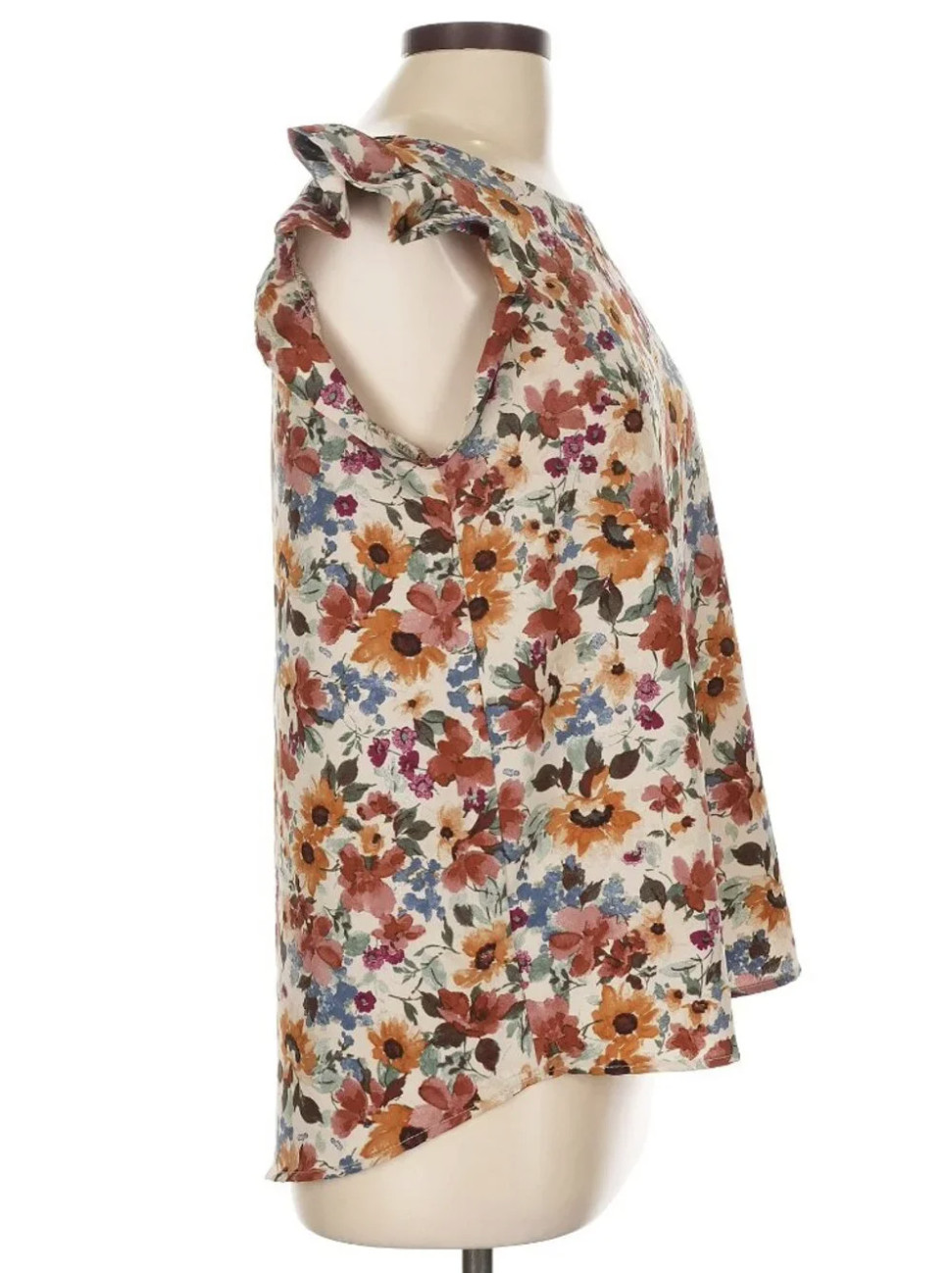 Les Amis Floral Ruffle Sleeve Top Large Multi-Color Boho Rayon Blouse