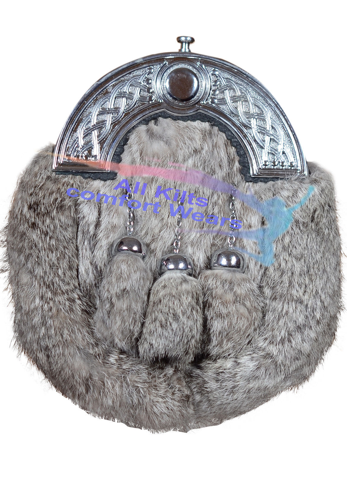 Grey Rabbit Fur Skin 3 Tassel Leather Kilt SPORRAN & Belt Scottish Bovine Purse
