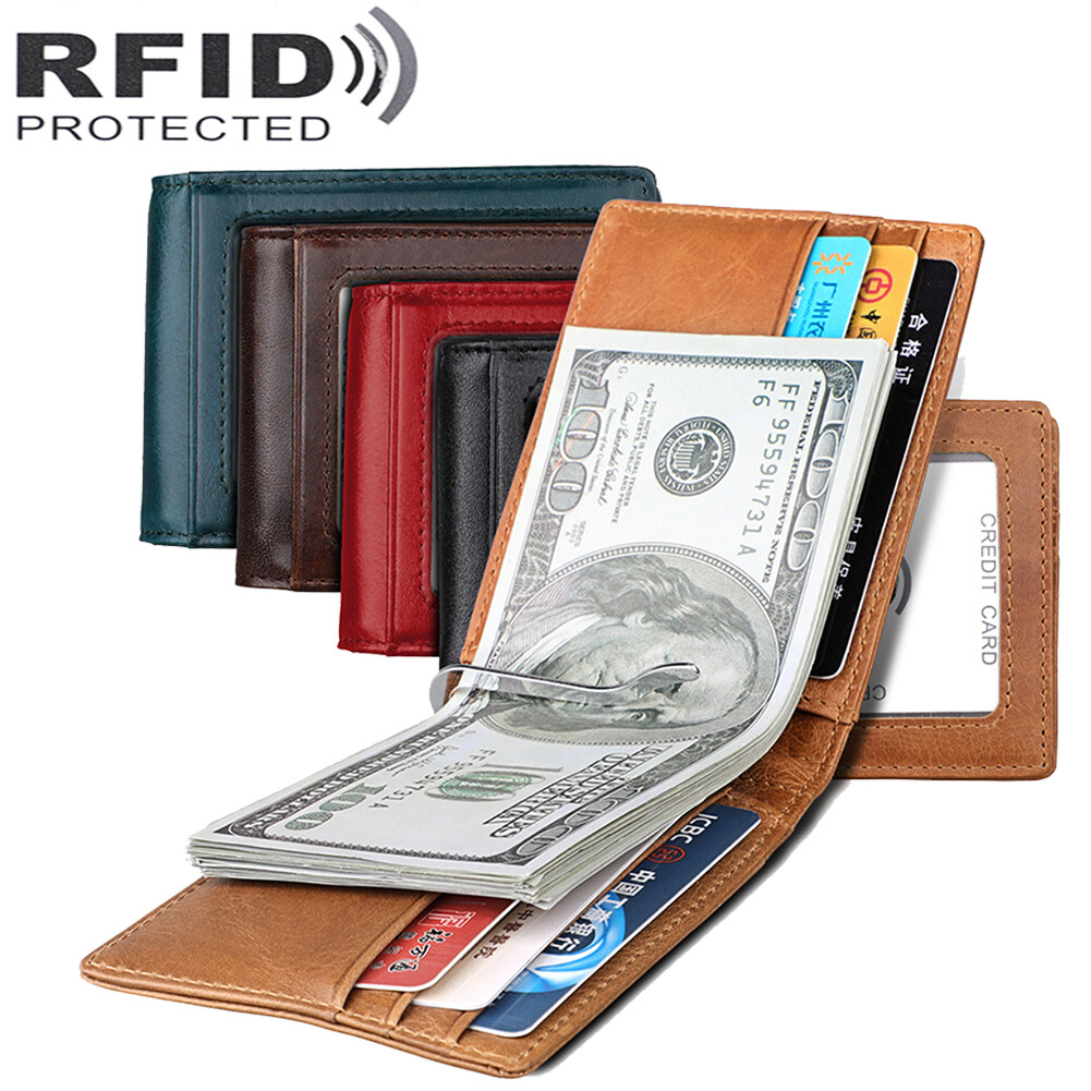 Mens Minimalist Money Clip Slim Bifold RFID Blocking Leather Front Pocket Wallet