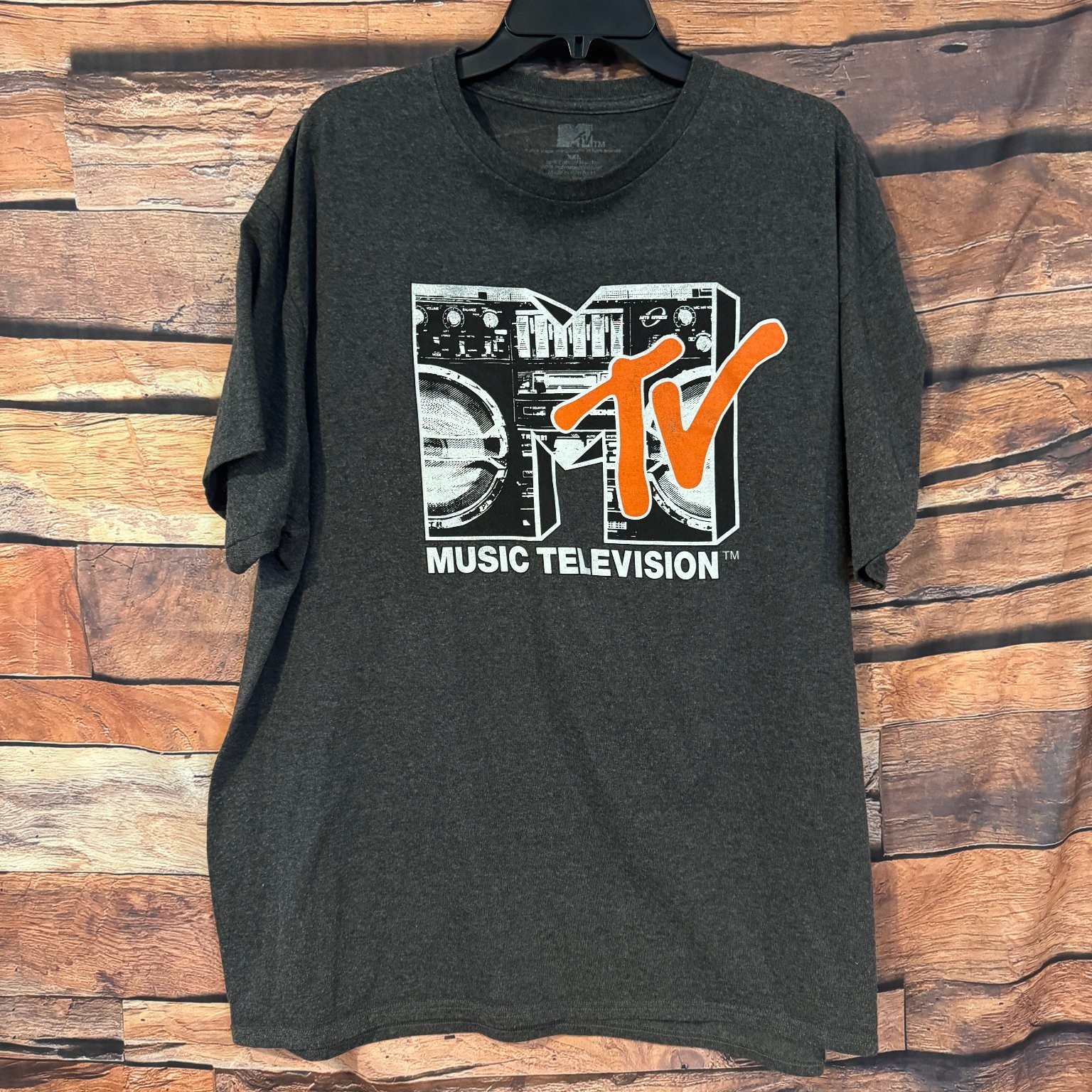 MTV Music Television Boombox Graphic T-Shirt Charcoal Grey Orange Mens XL Retro