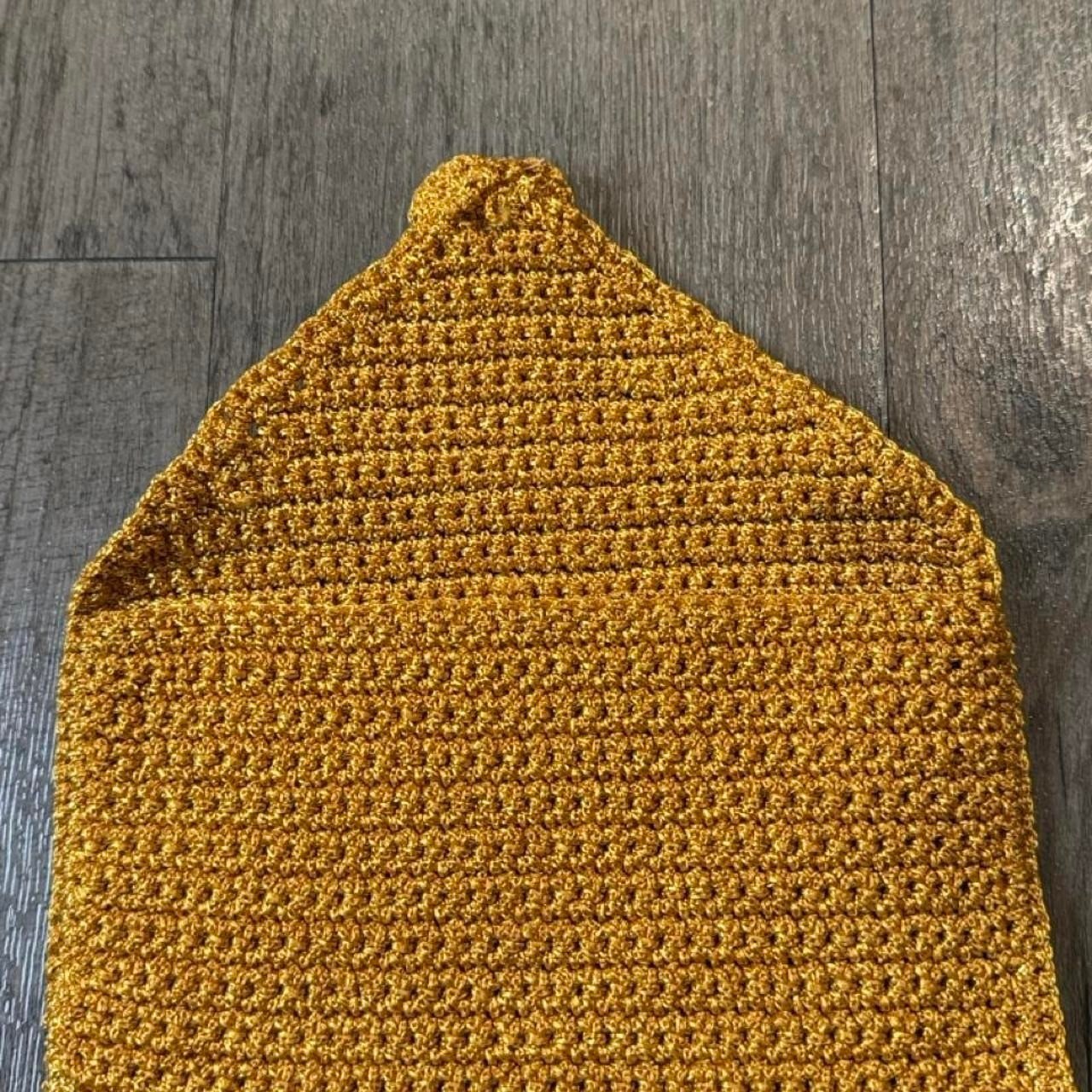 Vintage boho handmade mustard yellow crochet clutch purse with floral detail