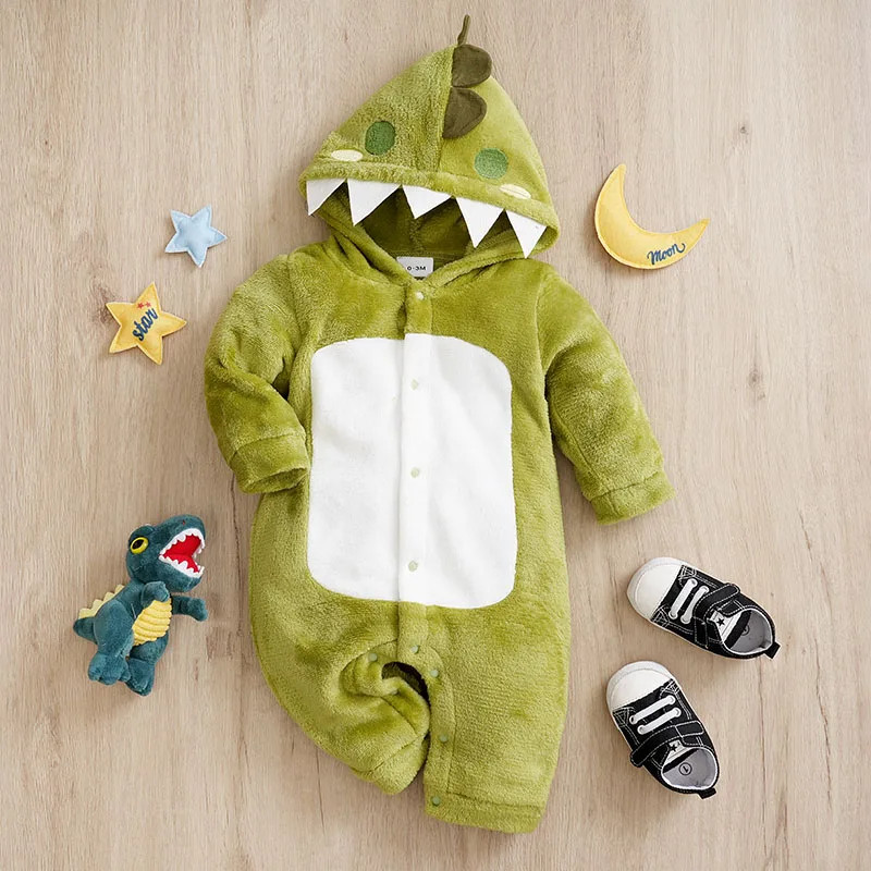 Cartoon Dinosaur Baby Romper Long Sleeve Flannel Outfit Newborn 0-18 Months