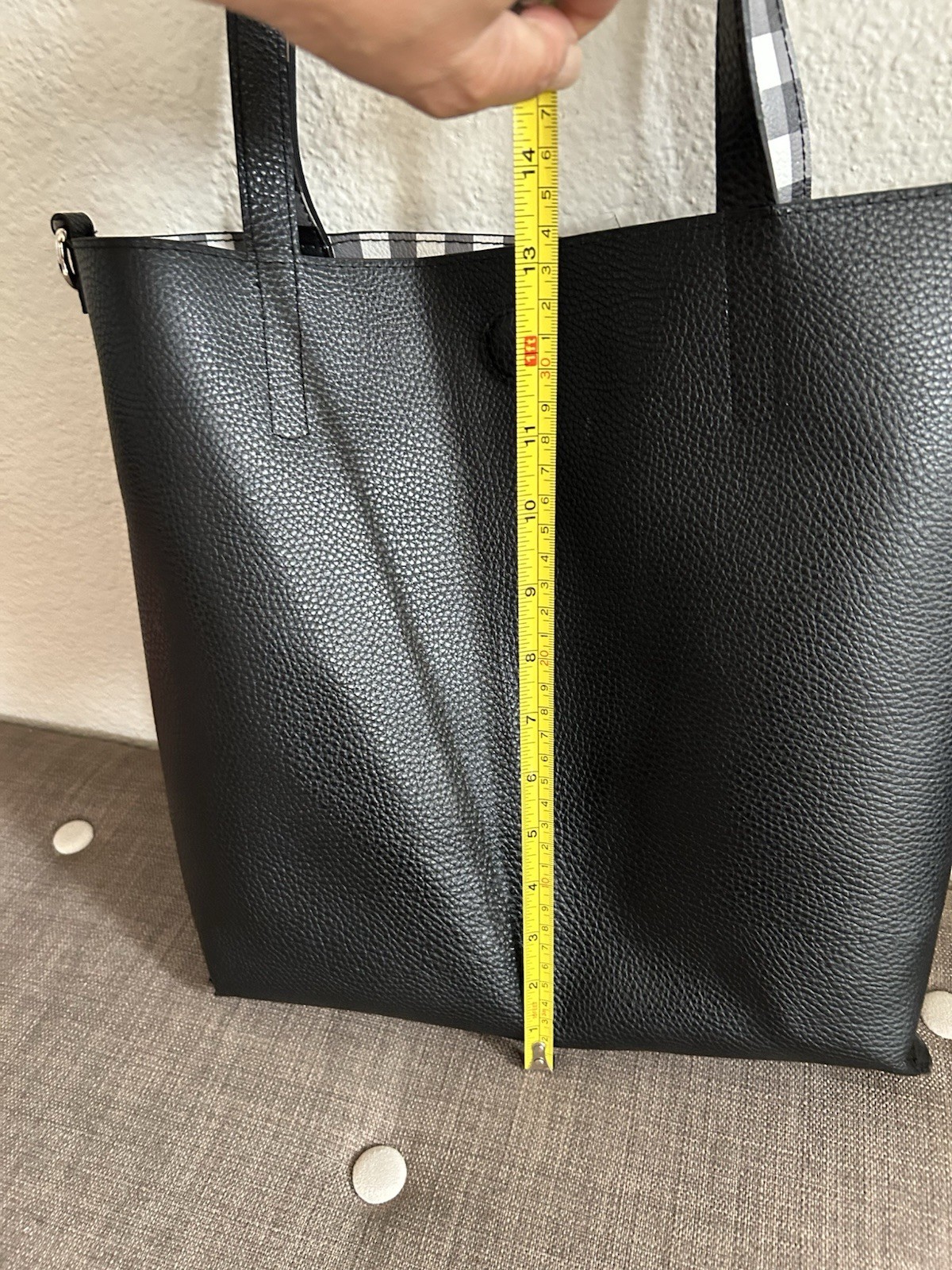 Black Pebbled Tote Bag Checkered Lining Button Closure Inner Pockets Silver