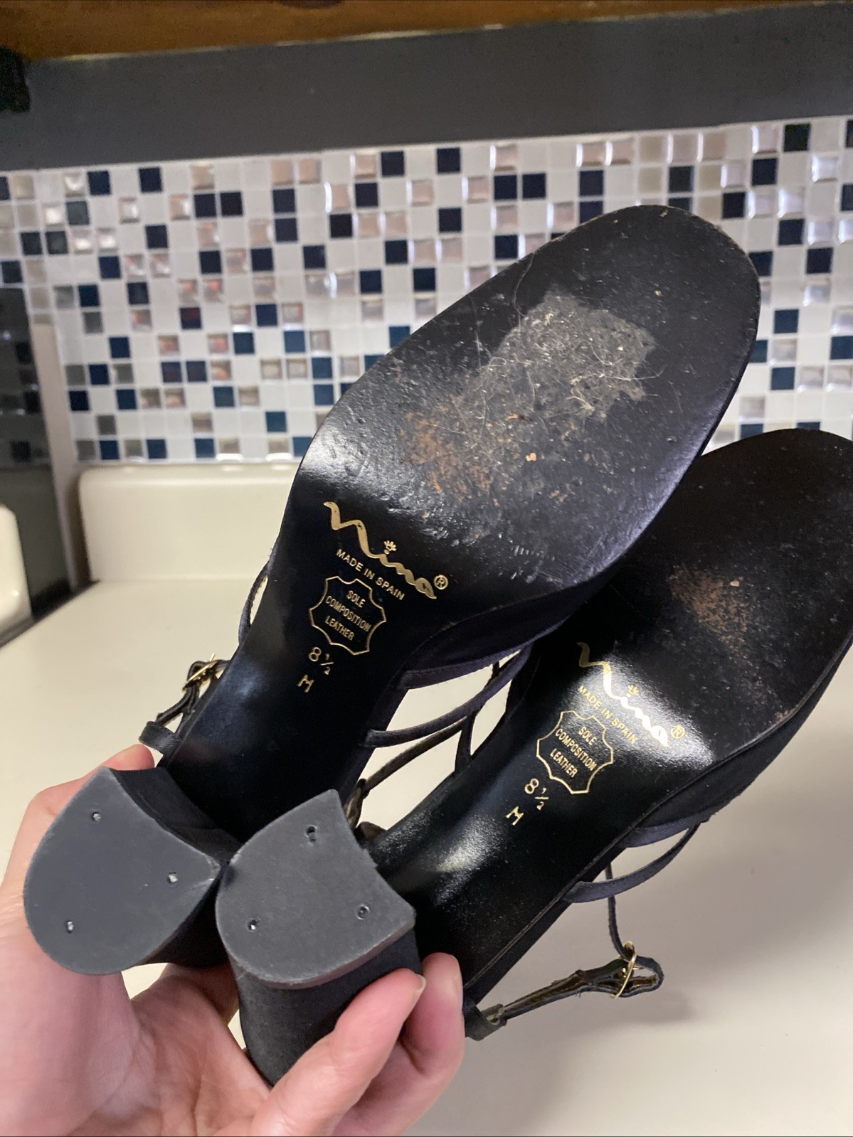 Nina Black Satin Fabric Strappy Heel Strap 8.5 Dressy Evening