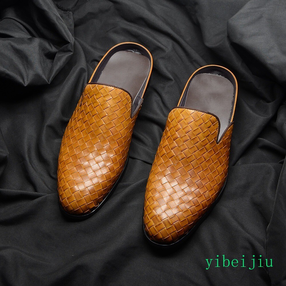 2026 Mens Real Leather Weave Woven Slipper Dress Slide Shoes Slip On Sandals Man