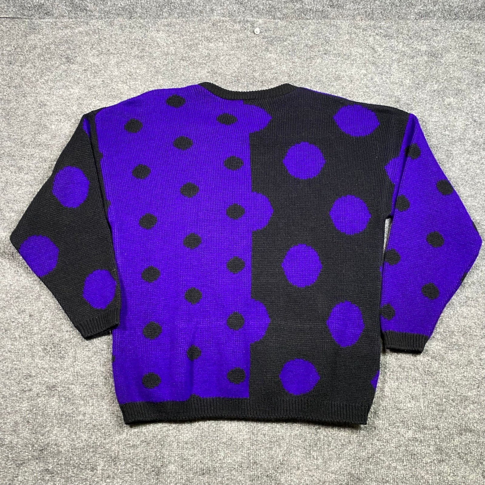 Vintage World Trade Knits Purple Black Polka Dot Colorblock Sweater Mens Large