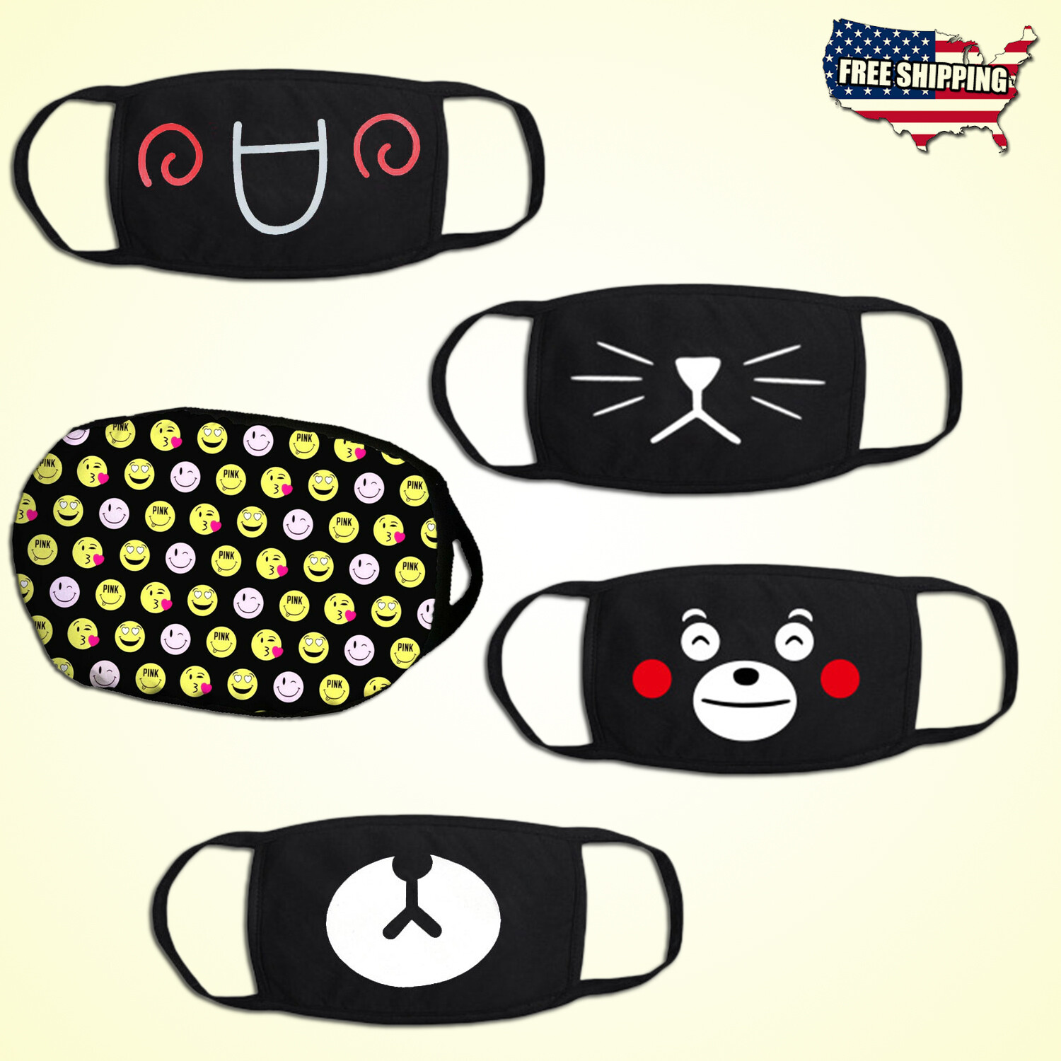 Washable Reusable Cute Face Masks Cartoon Emoji Adult Cotton Cloth Mouth Cover