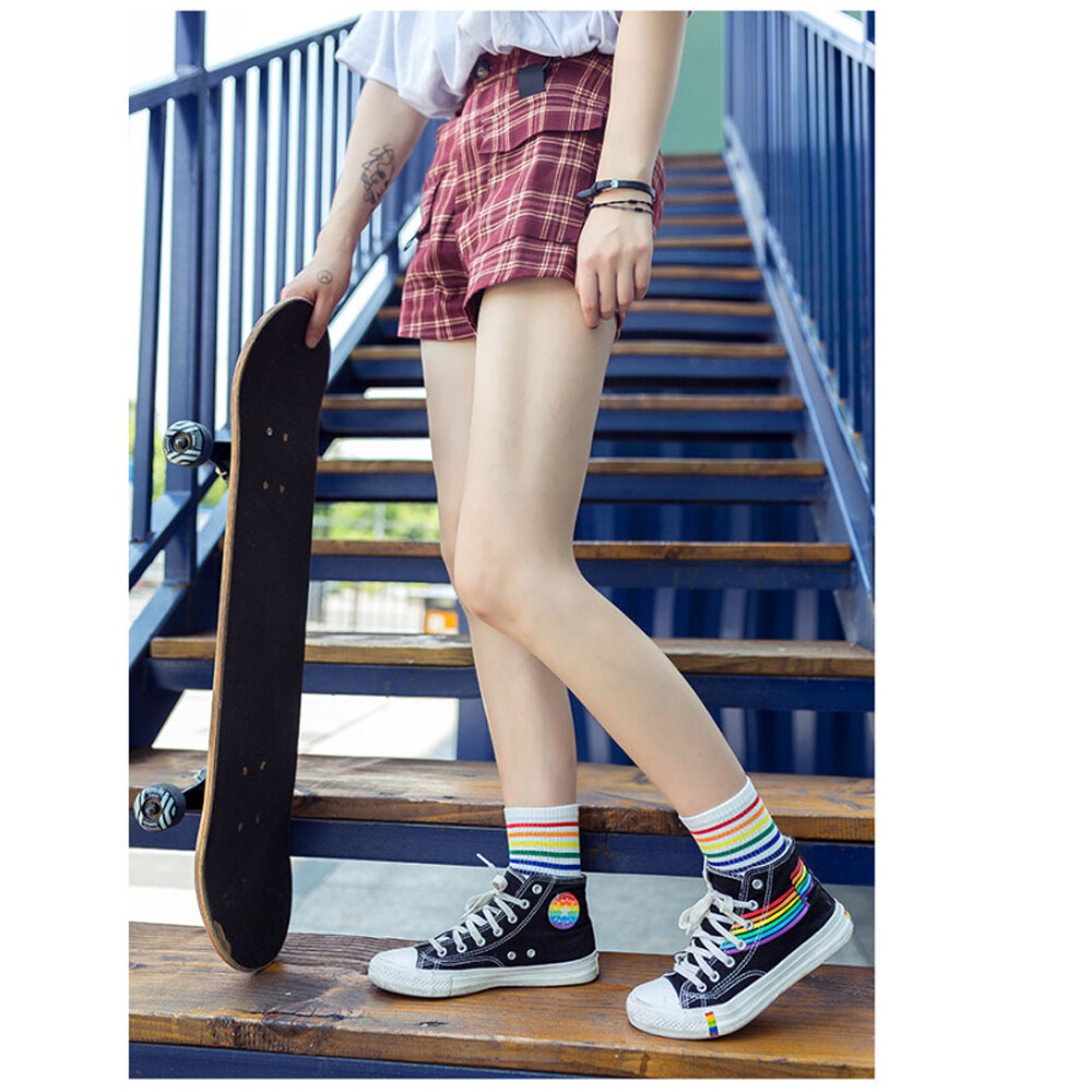 Women Men Cotton Athletic Sports Crew Socks Striped Over Ankle Casual Classic