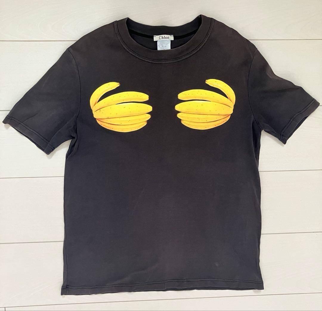 CHLOE Black Banana Print Cotton T Shirt Short Sleeve Crew Neck Size S
