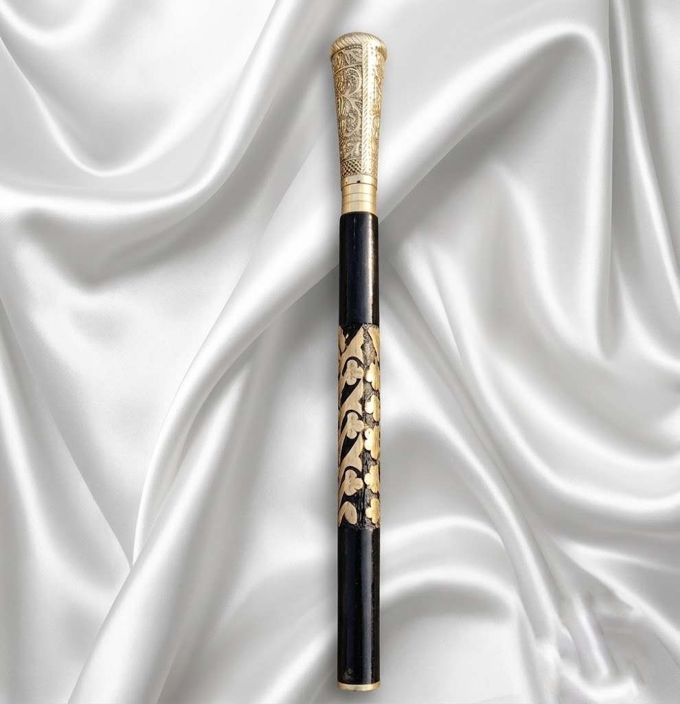 Handmade Elegant Wooden Walking Stick with Ornate Gold-Tone Handle & Floral…