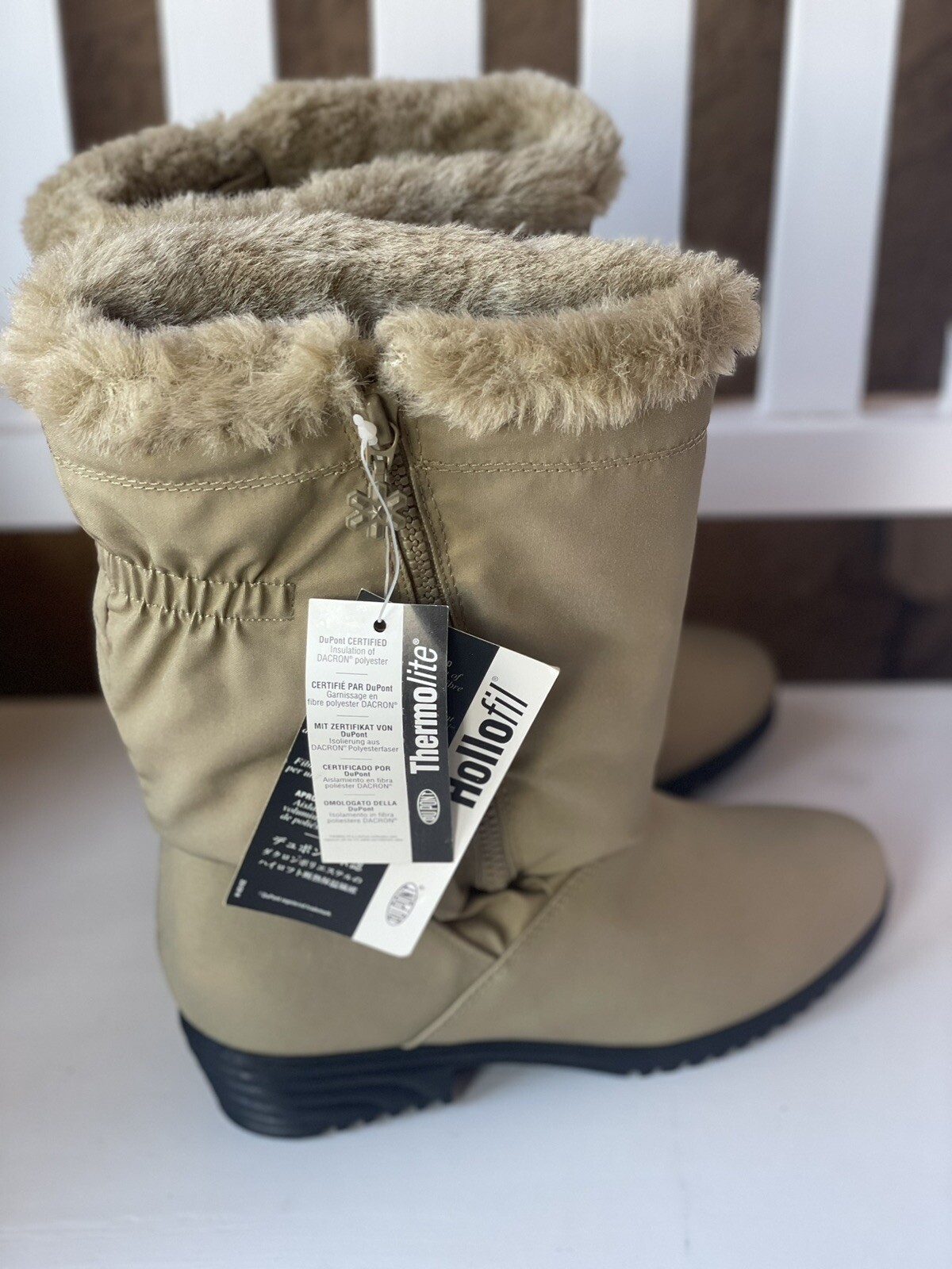 AJ Valenci Icicle Round Toe Mid Calf Faux Fur Collar Zip Winter Boots Tan SZ-8.5
