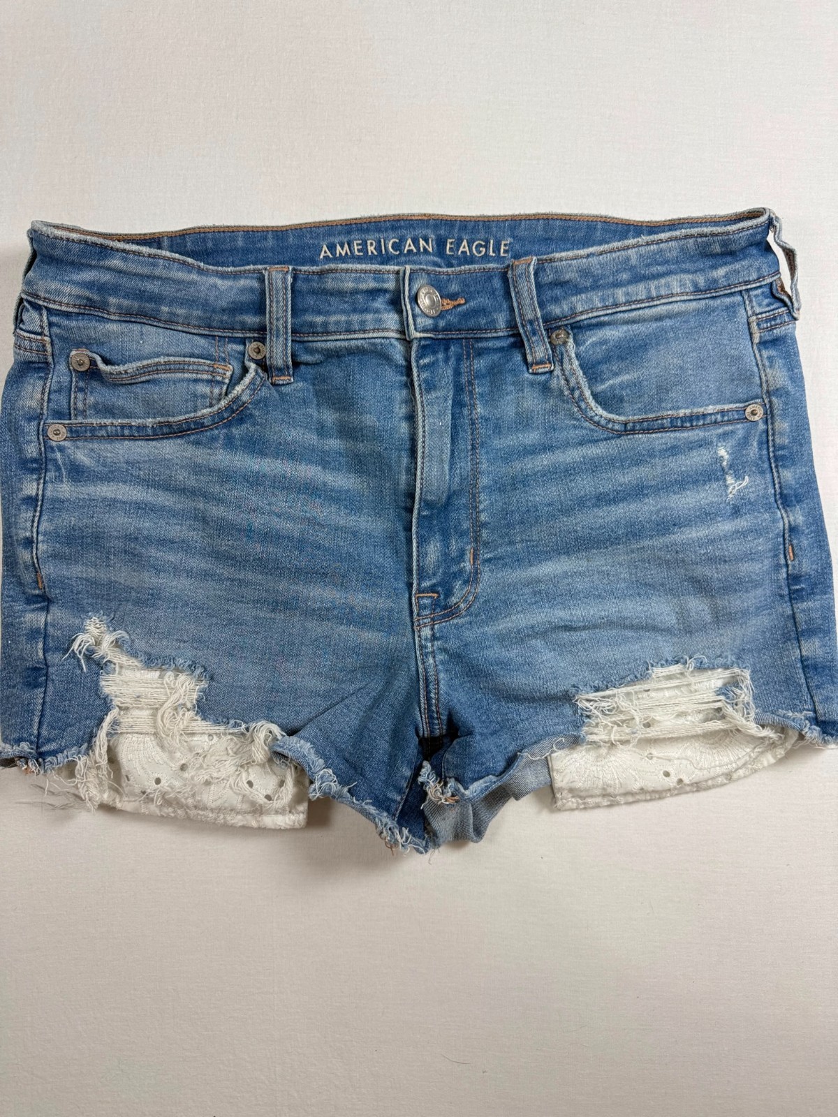 American Eagle Hi-Rise Shortie Light Wash Distressed Denim Shorts Lace Detail