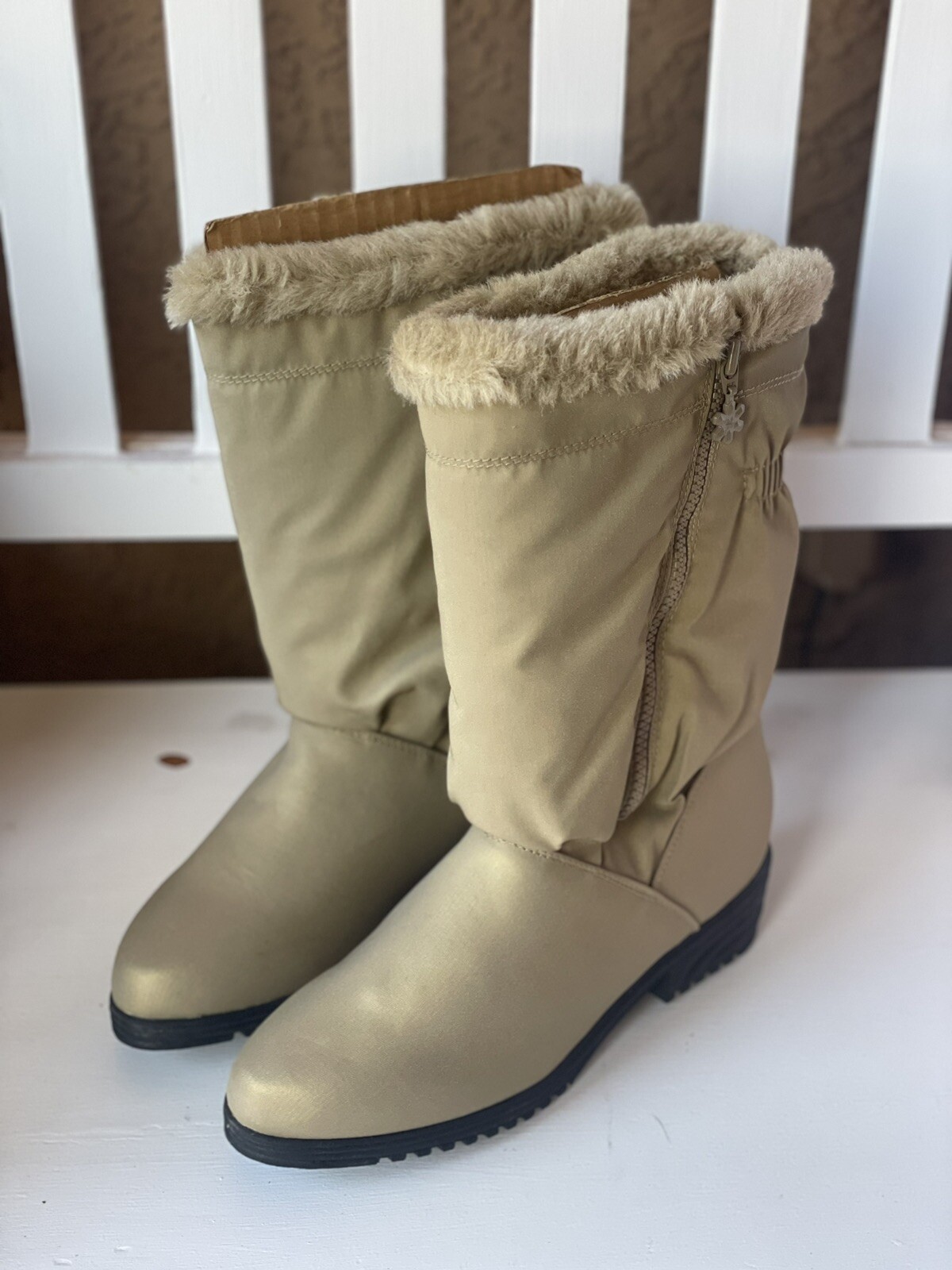 AJ Valenci Icicle Round Toe Mid Calf Faux Fur Collar Zip Winter Boots Tan SZ-8.5