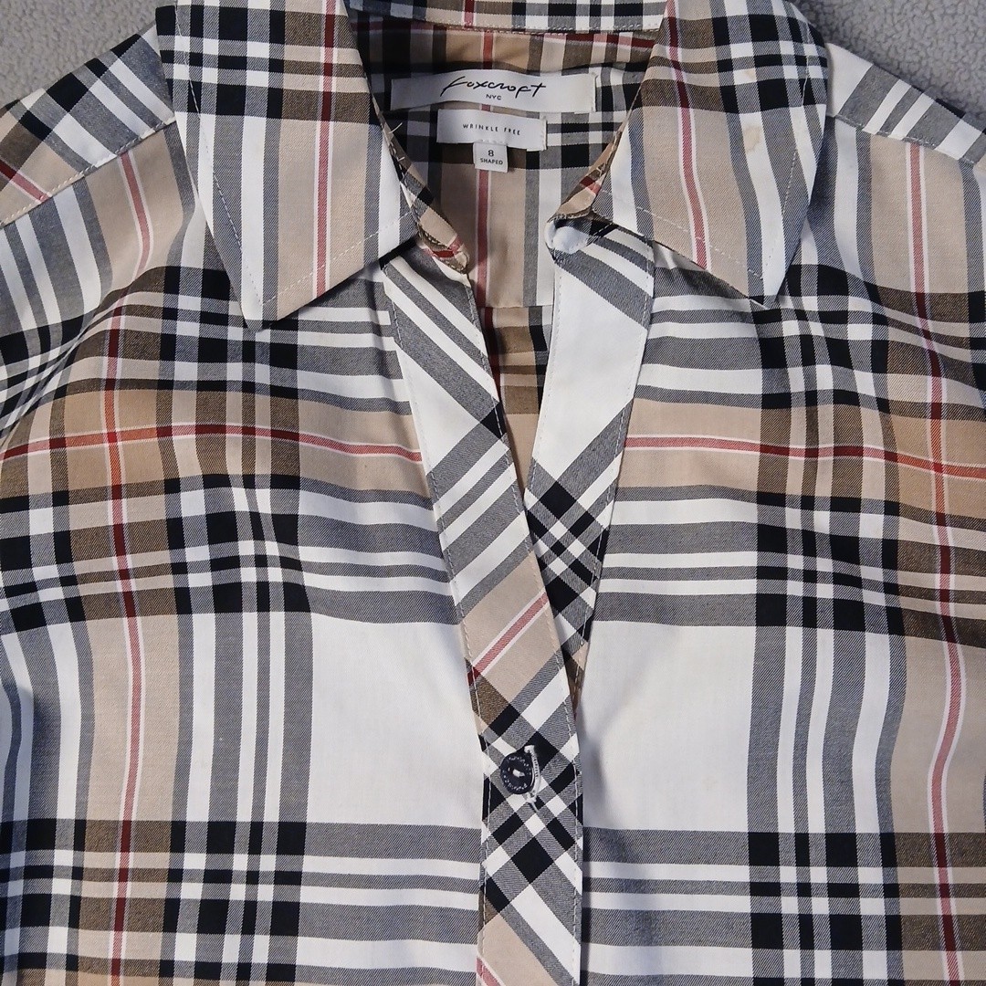 Foxcroft NYC Womens Size 8 Wrinkle Free Plaid Button Front Shirt Beige White…