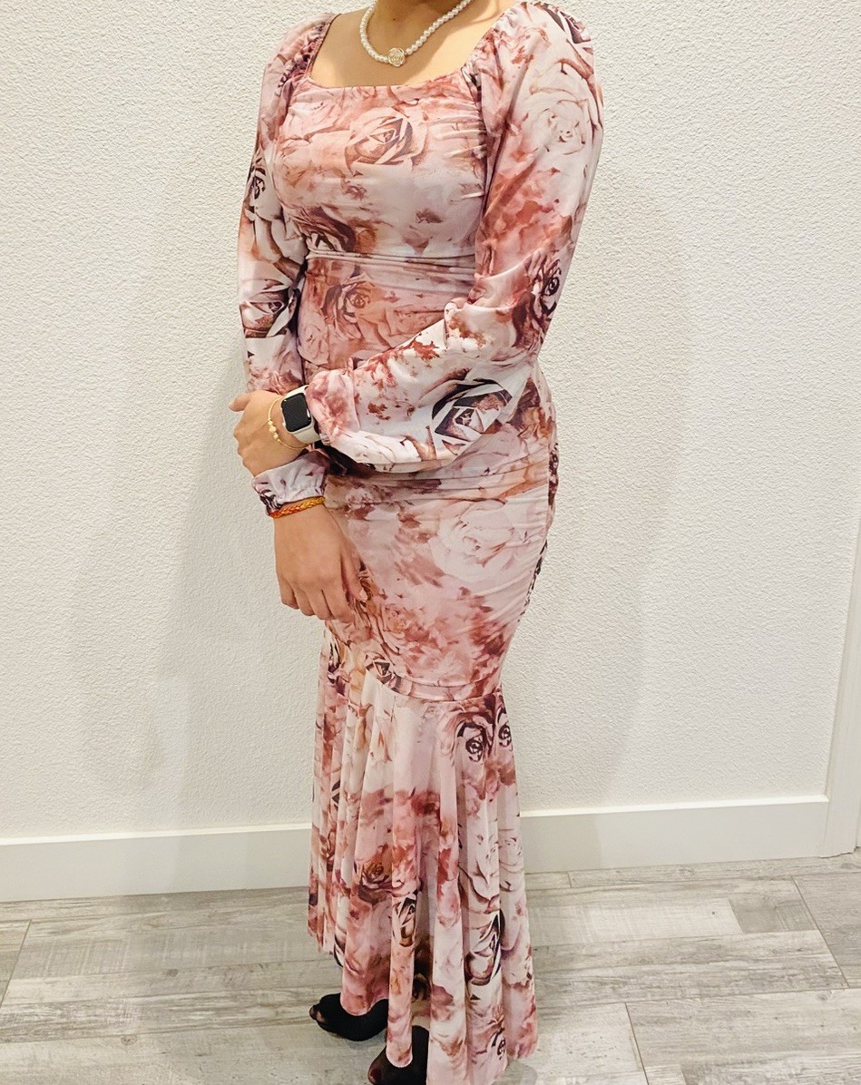 Pink Floral Ruched Square Neck Puff Long Sleeve Mermaid Maxi Dress Small
