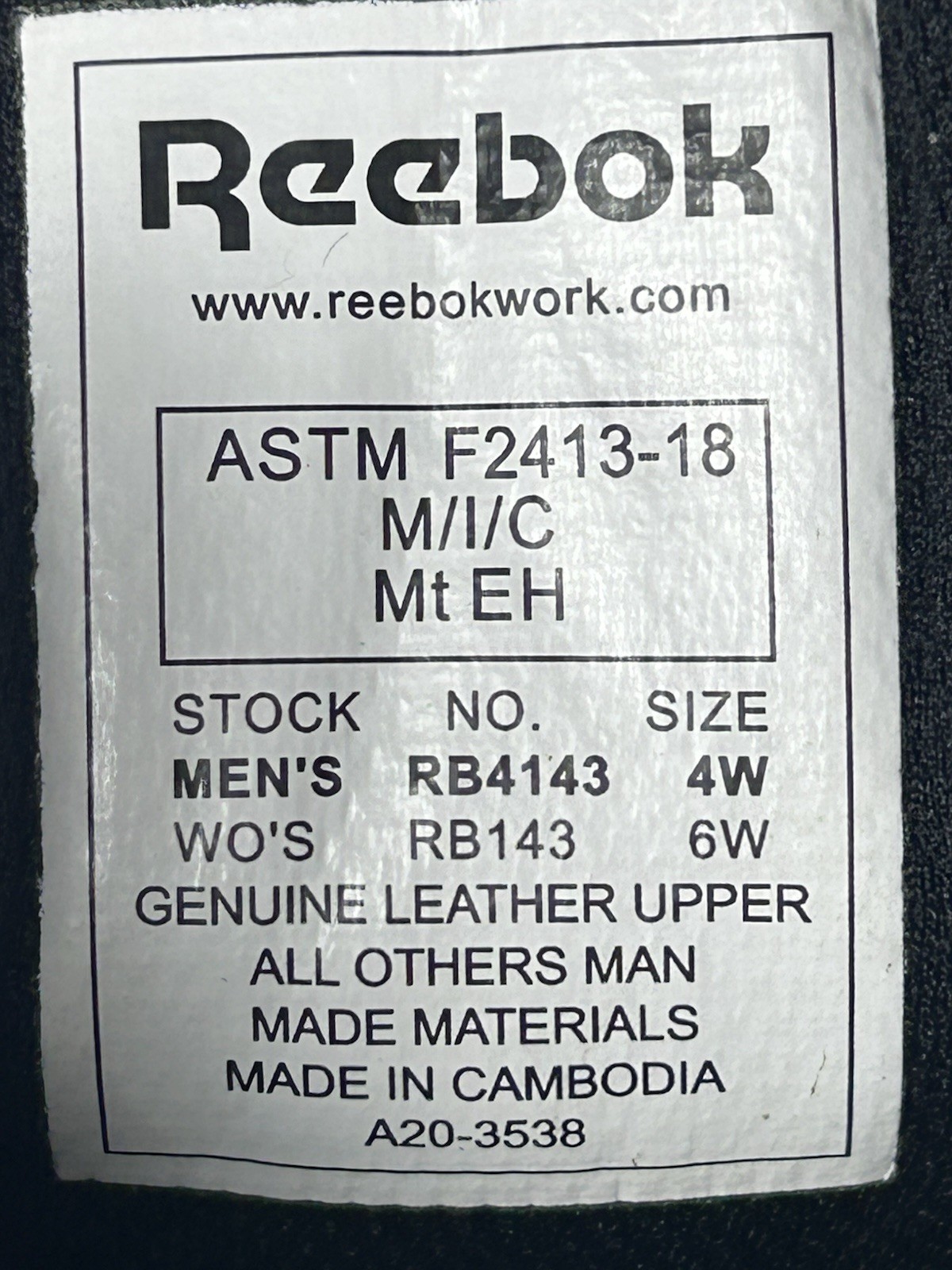 Reebok Sublite RB4143 Unisex Men 4 Women 6 Black Leather Alloy Toe Safety Boots