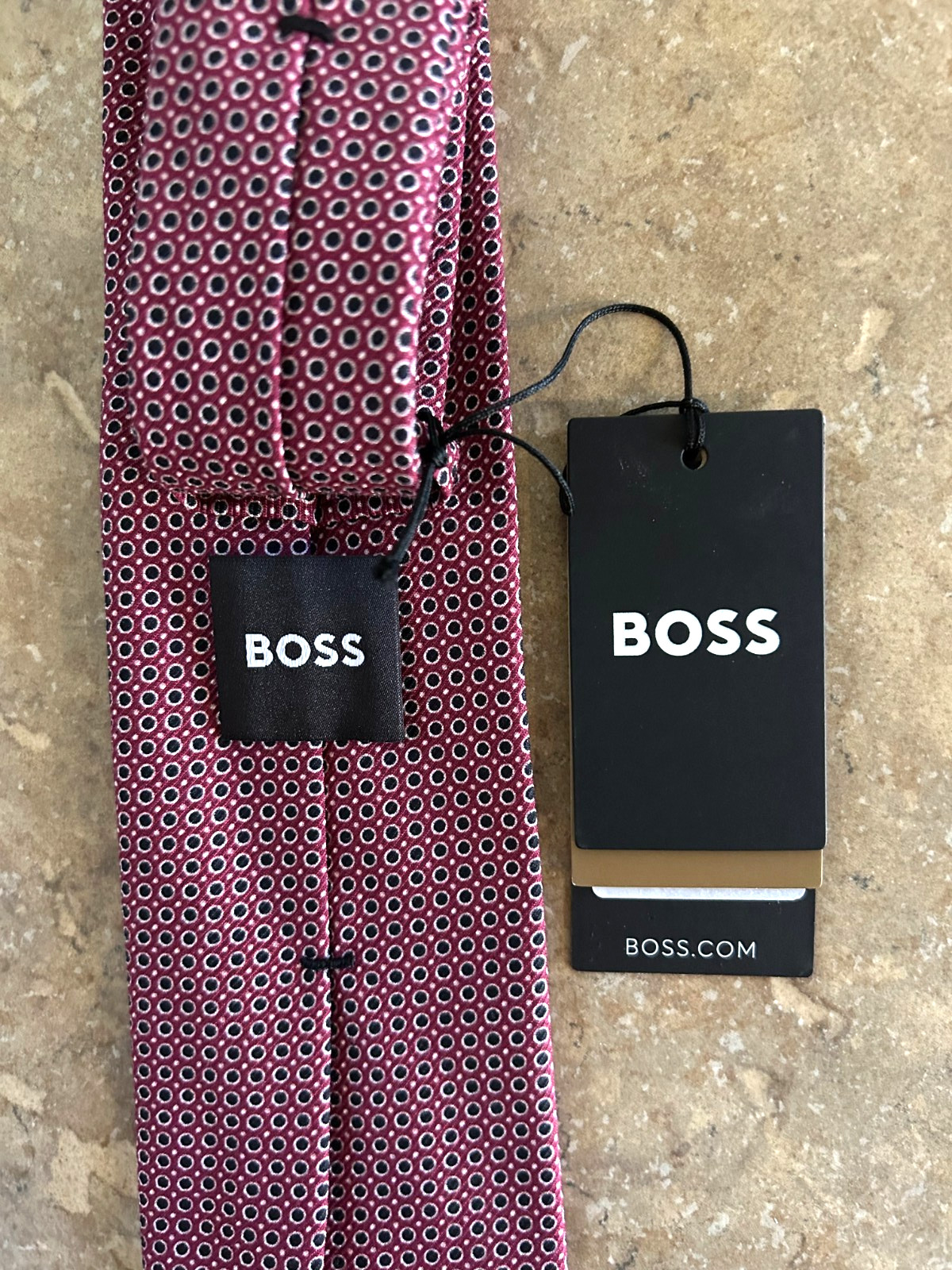 Hugo Boss Cotton Blend Mens Tie Necktie Dark Red wCircles Made in Italy $118 NWT