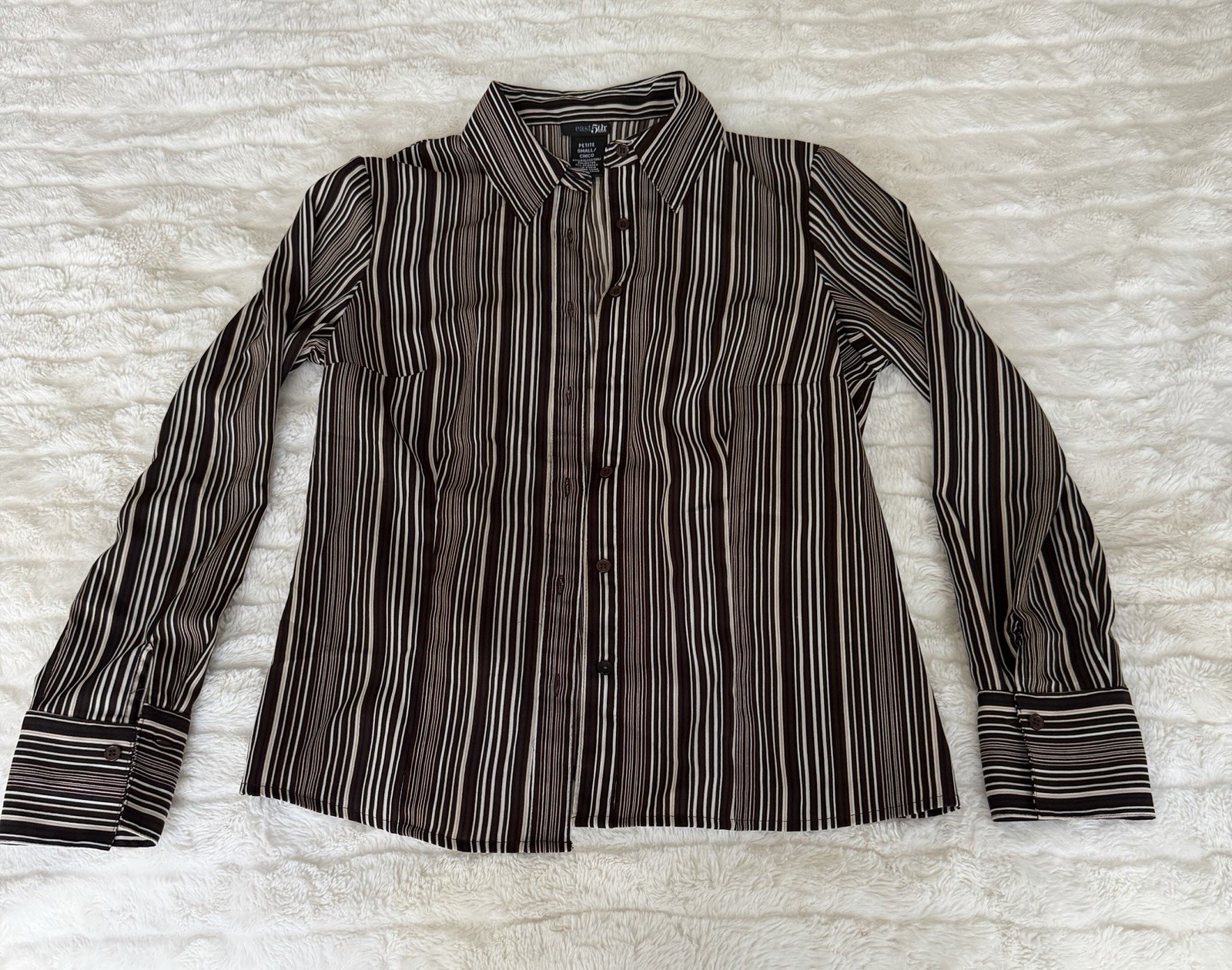 East 5th Petite S Black/White/Gray Striped Collared Button-Up Woven Shirt