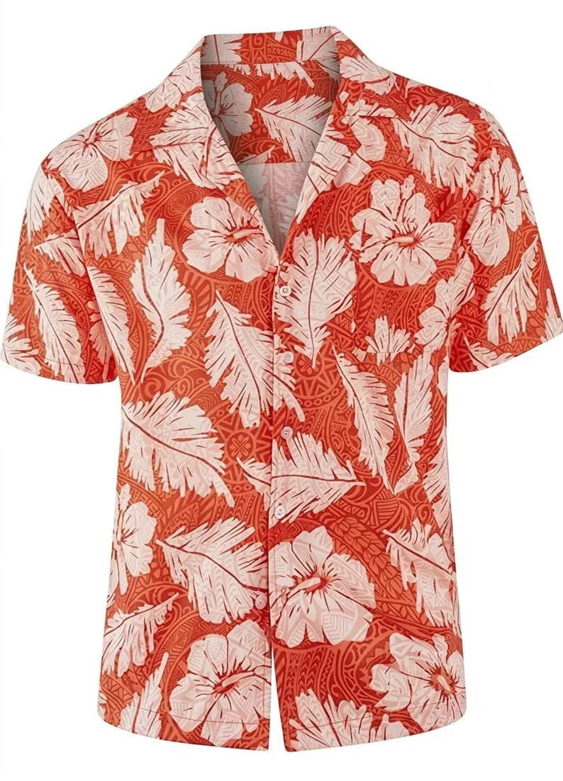 Mens Orange Leaf Flower Hawaiian Shirt Tropical Aloha