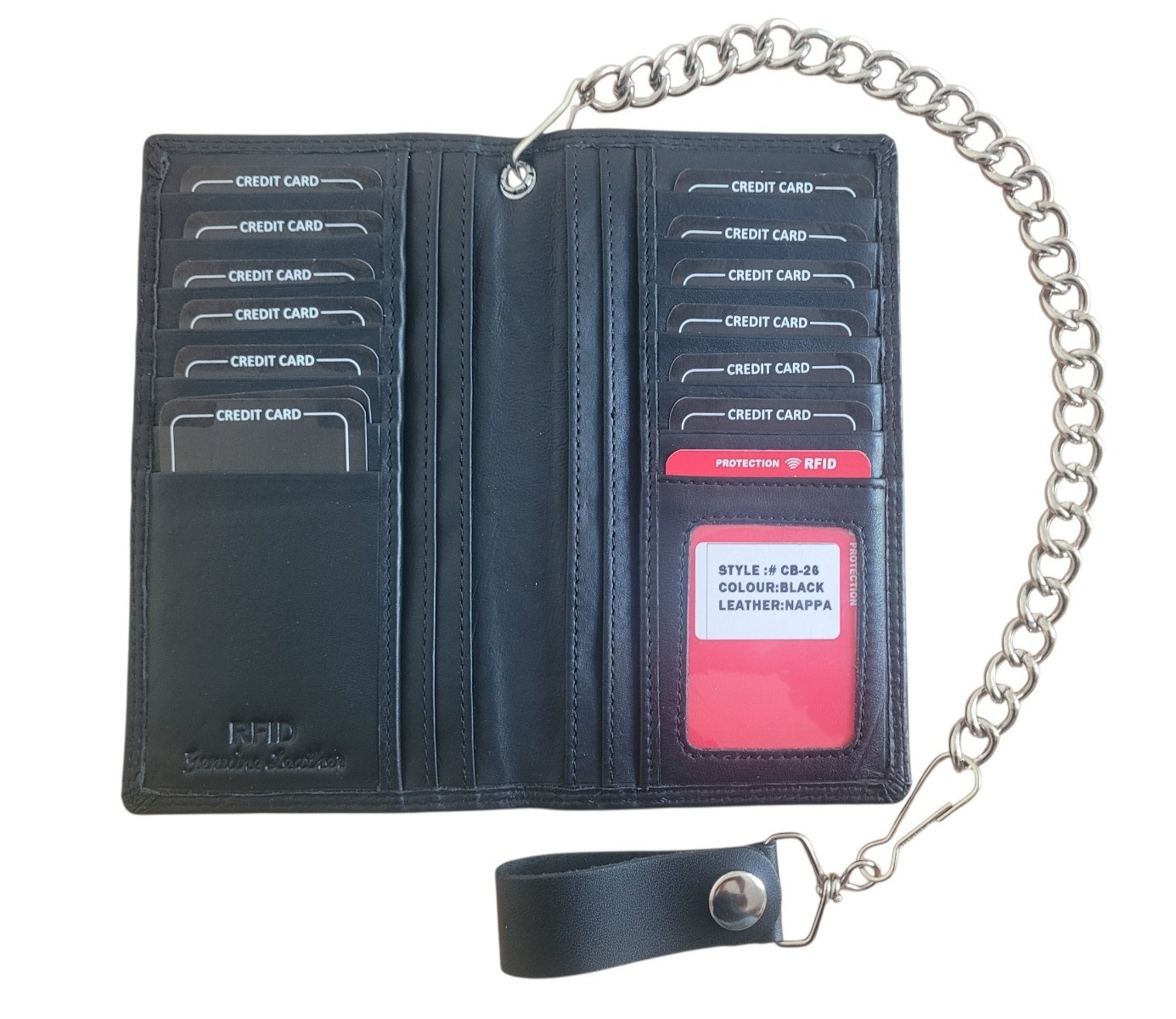 Ride To Live Genuine Leather Biker Long Wallet With Chain Black BiFold 7″ Wallet