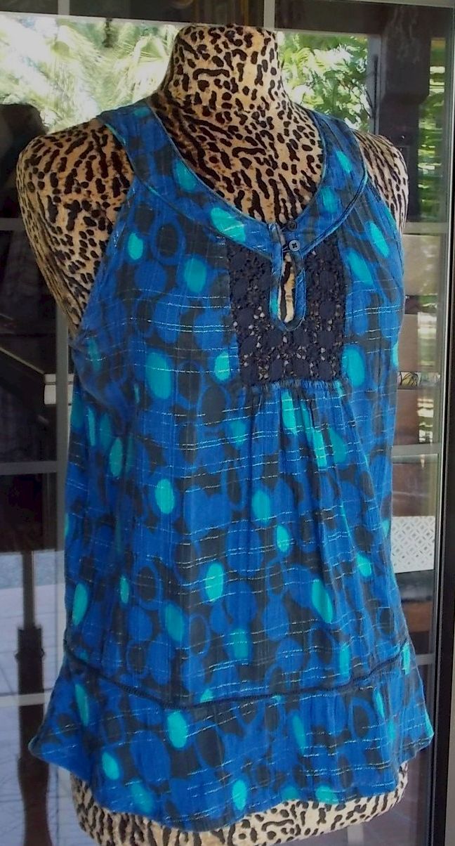 Bohemian Macrame Back Babydoll Style Sleeveless DKNY Shirt Sz. M 36″ Bust