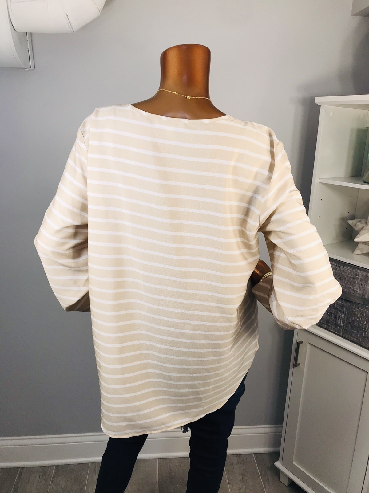 Calvin Klein XL Top Striped CK Logo 1/2 Zip Up Shirt Blouse Low Cut Silky Sheer