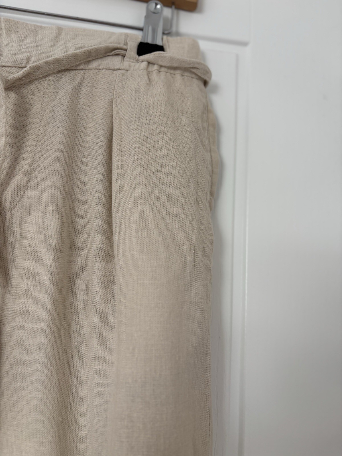Zara Beige Natural Ecru Linen Blend Wide Leg Trousers Pants Tie Xs Pockets High