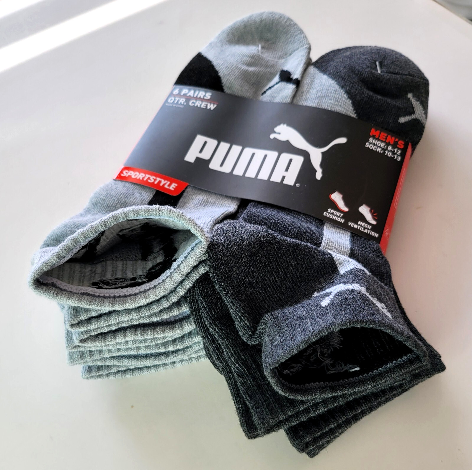 Puma Men’s Quarter Crew Socks 6 Pack L Black Gray Half Terry Sportstyle Cushion